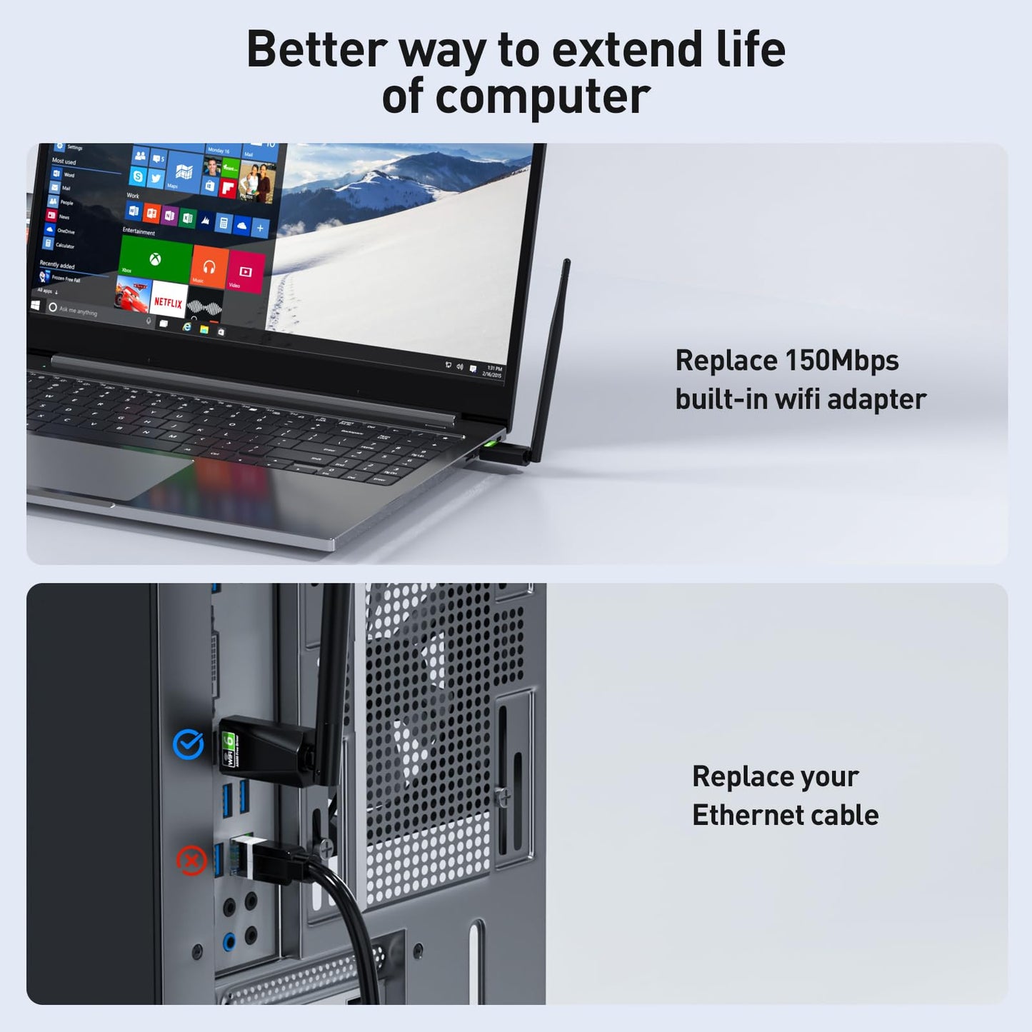 CY-SUZON USB WiFi Adapter for Desktop PC, AX600 USB WiFi 6 Adapter with 5GHz/2.4GHz Dual Band, Bulit-in Driver for Windows 10/11 (AX600H)