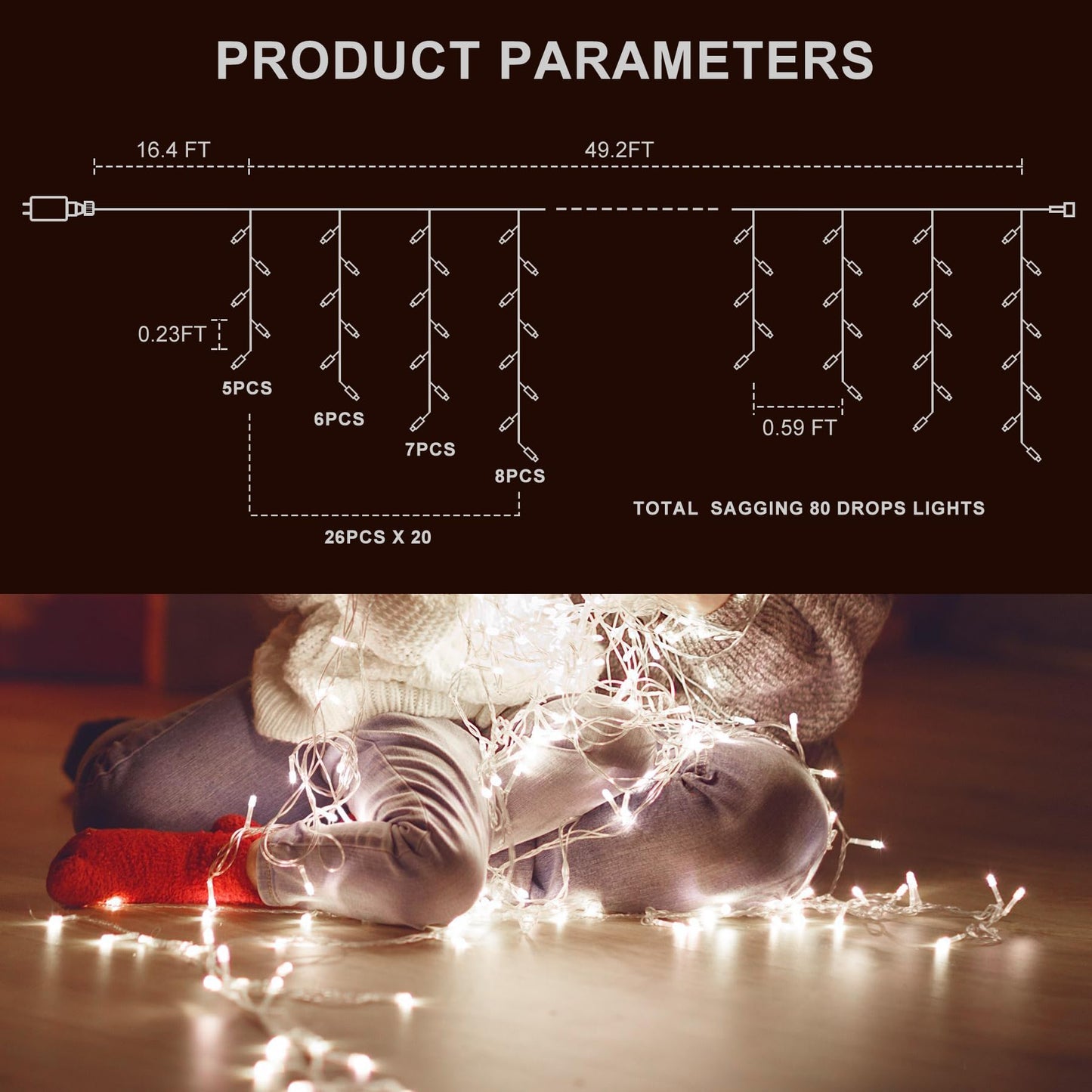 TOPPORTED Icicle Christmas Lights Outdoor,520 LED 49.2FT 8 Modes with 80 Drops Cool White Icicle Lights,Remote Control Outdoor Indoor Fairy String