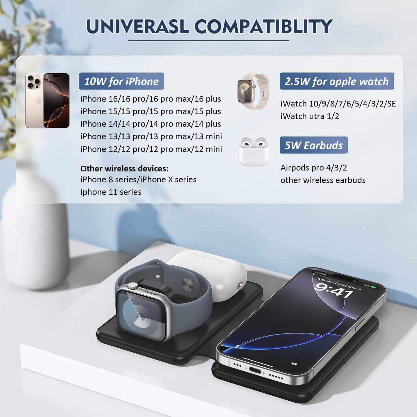 Wireless Charger iPhone - 3 in 1 Charging Station for Apple Devices for iPhone 17 16 15 14 13 12 Pro Max Plus - Foldable Magnetic Charging Pad