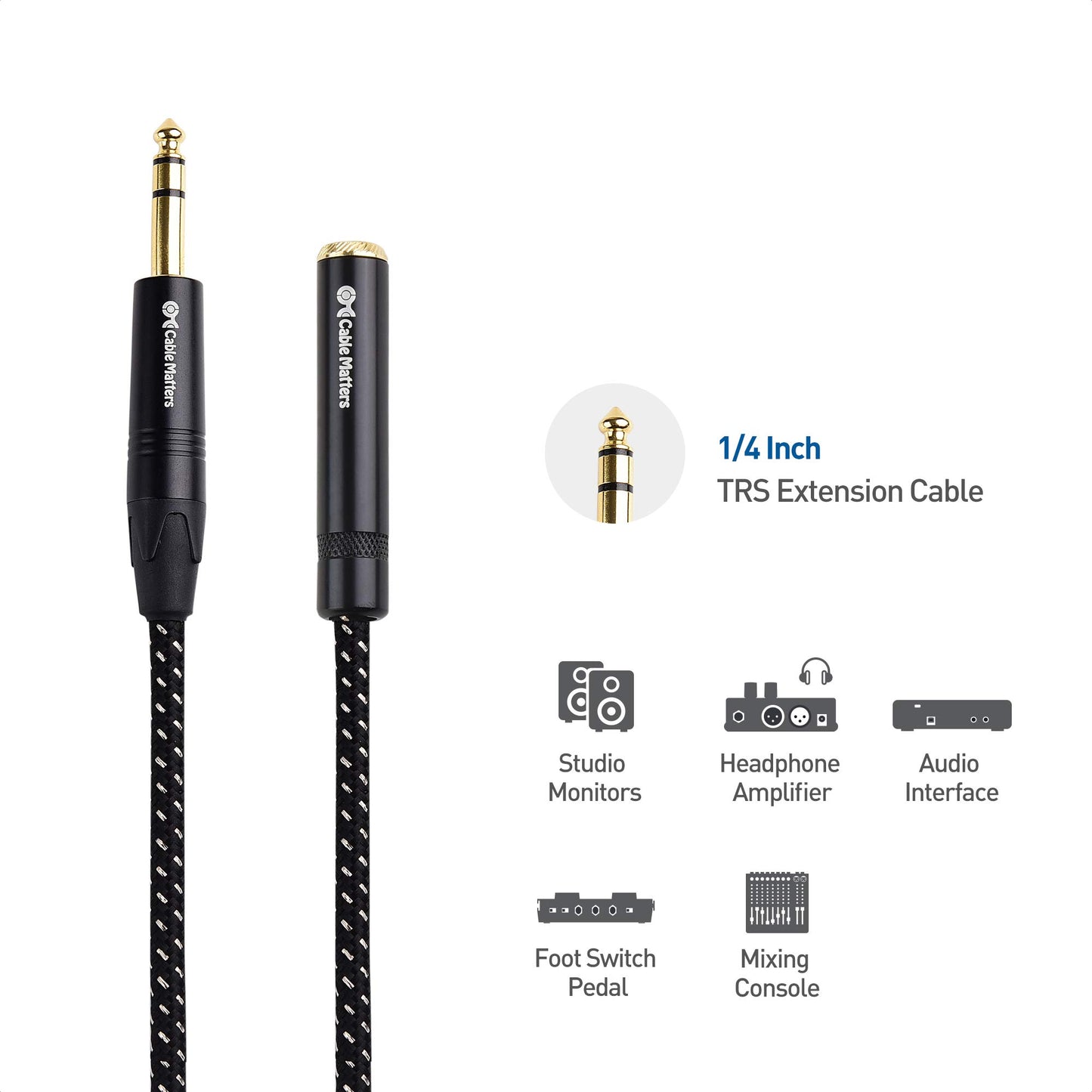Cable Matters Braided 1/4 Inch Extension Cable 6 ft (1/4 TRS to 1/4 Inch Male to Female Cable)