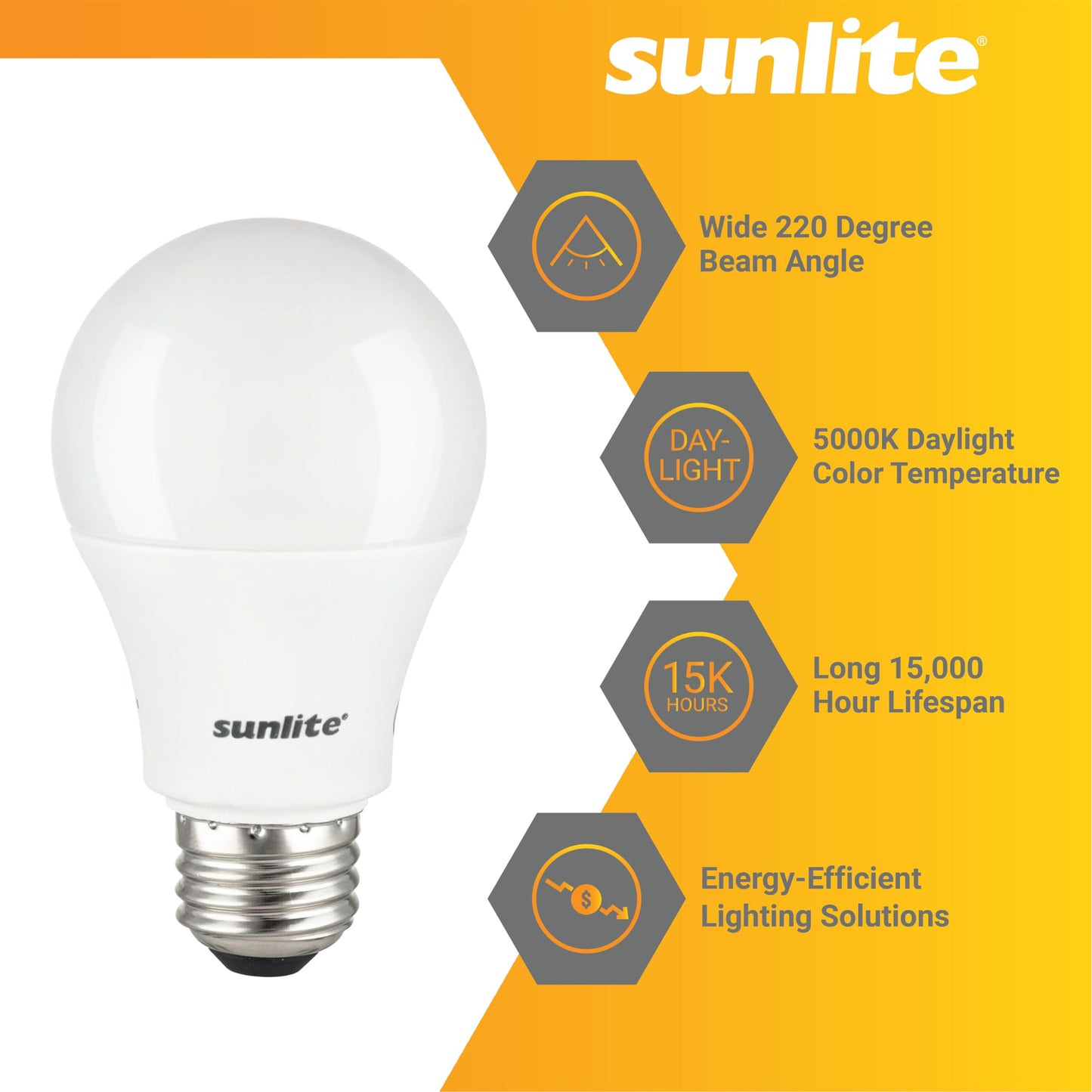 Sunlite LED A19 Household Light Bulb, 12 Watt (75W Equivalent), 1100 Lumens, Medium E26 Base, 220 Degree Beam Angle, UL Listed, 5000K Super White, 6