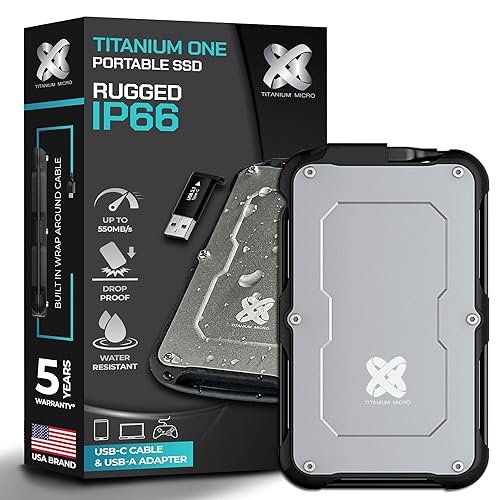 Titanium Micro 500GB External SSD, Titanium One Portable SSD - Up to 550MB/s, USB 3.2 Gen 2 USB-C USBA, Rugged IP66 Water Drop Resistance, External