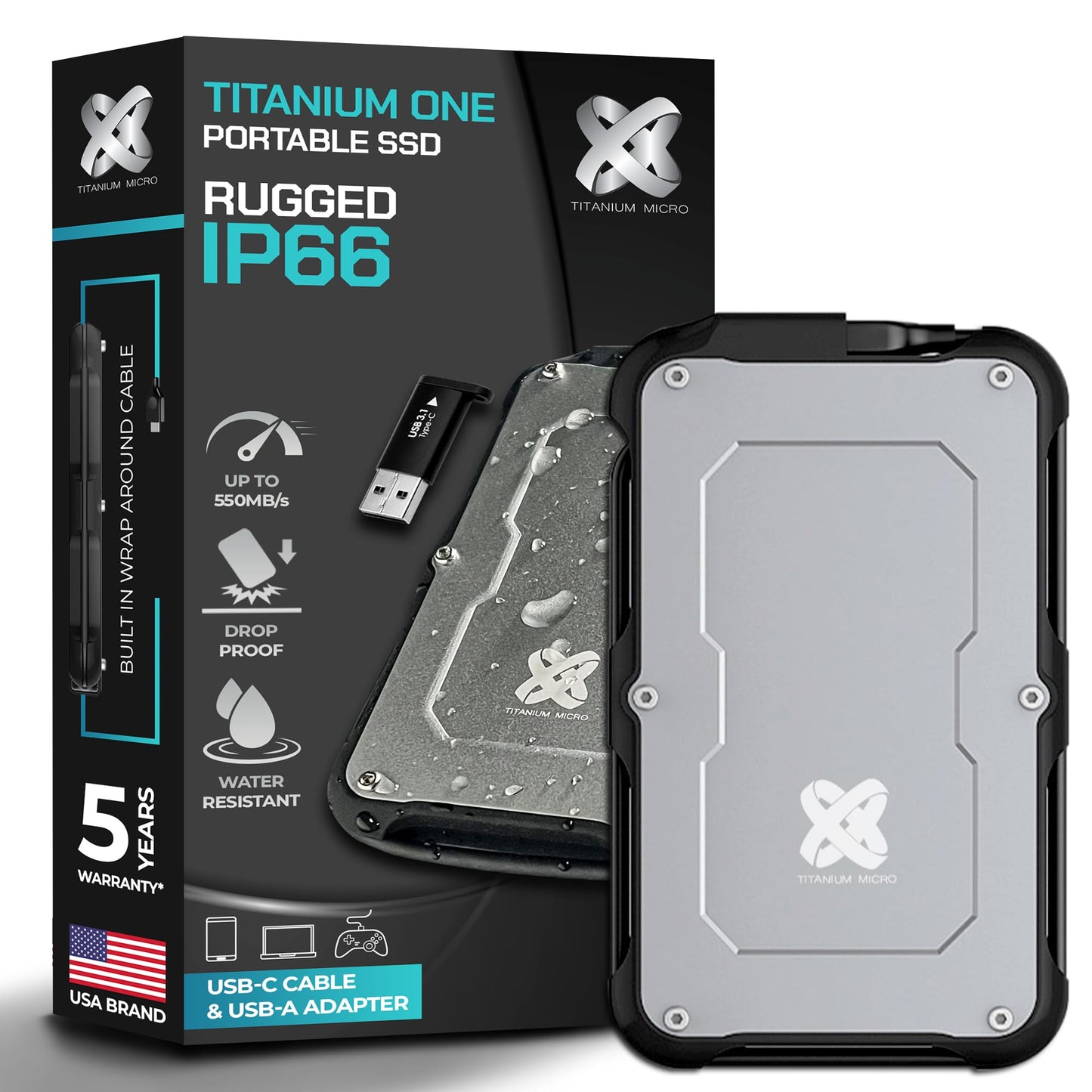 Titanium Micro 500GB External SSD, Titanium One Portable SSD - Up to 550MB/s, USB 3.2 Gen 2 USB-C USBA, Rugged IP66 Water Drop Resistance, External