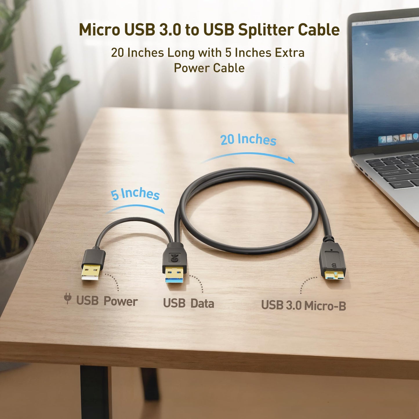 Cable Matters 5Gbps Micro USB 3.0 to USB Splitter Cable - 20 Inches, Micro-B 3.0 to Dual USBA for Data and Extra Power, MicroUSB 3.0 to USBA Y Cable