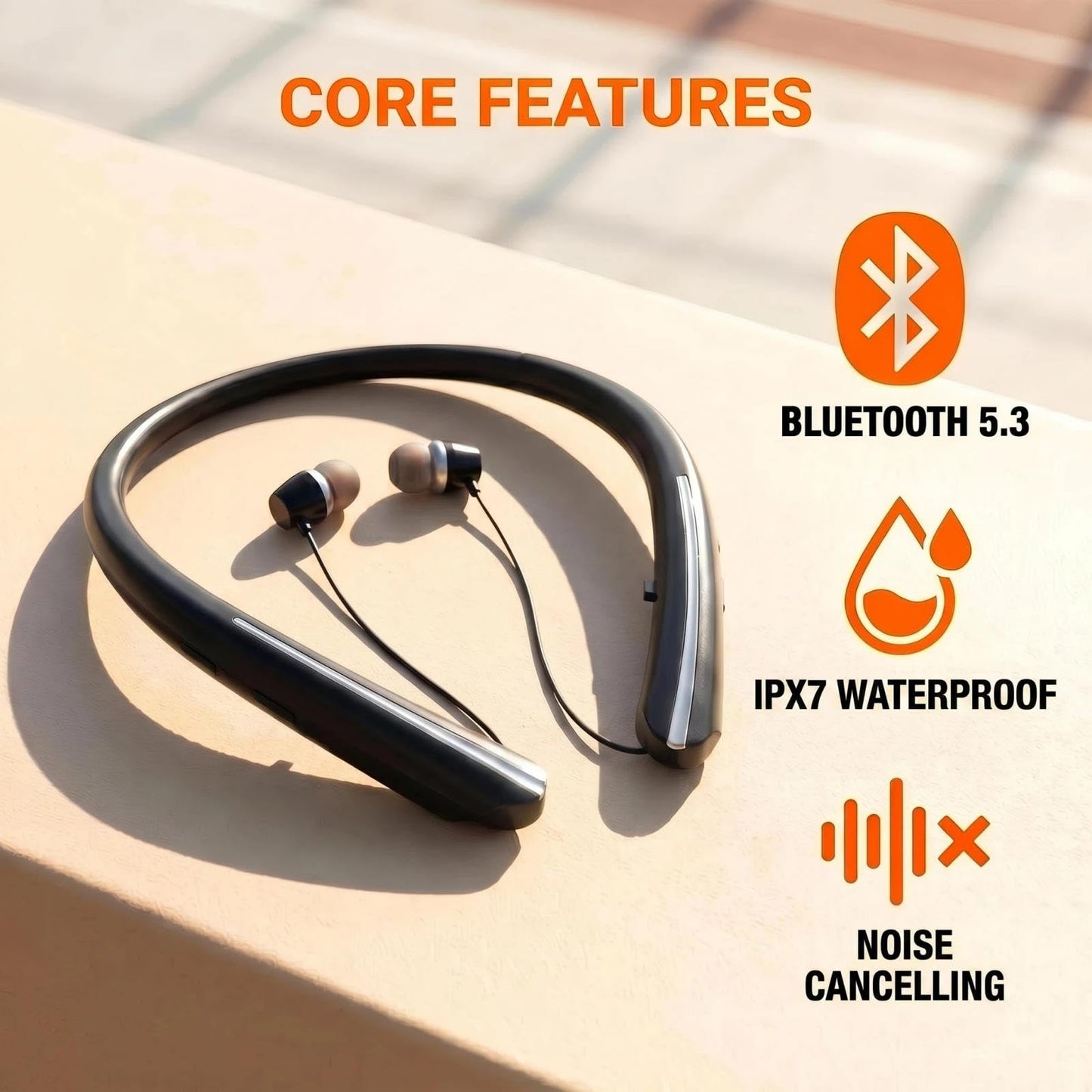 Qeapaue Bluetooth 5.3 Neckband Bluetooth Headphone, Sweat Resistant Noise Cancelling Stereo Headphones, and Retractable Ear Tips for Music