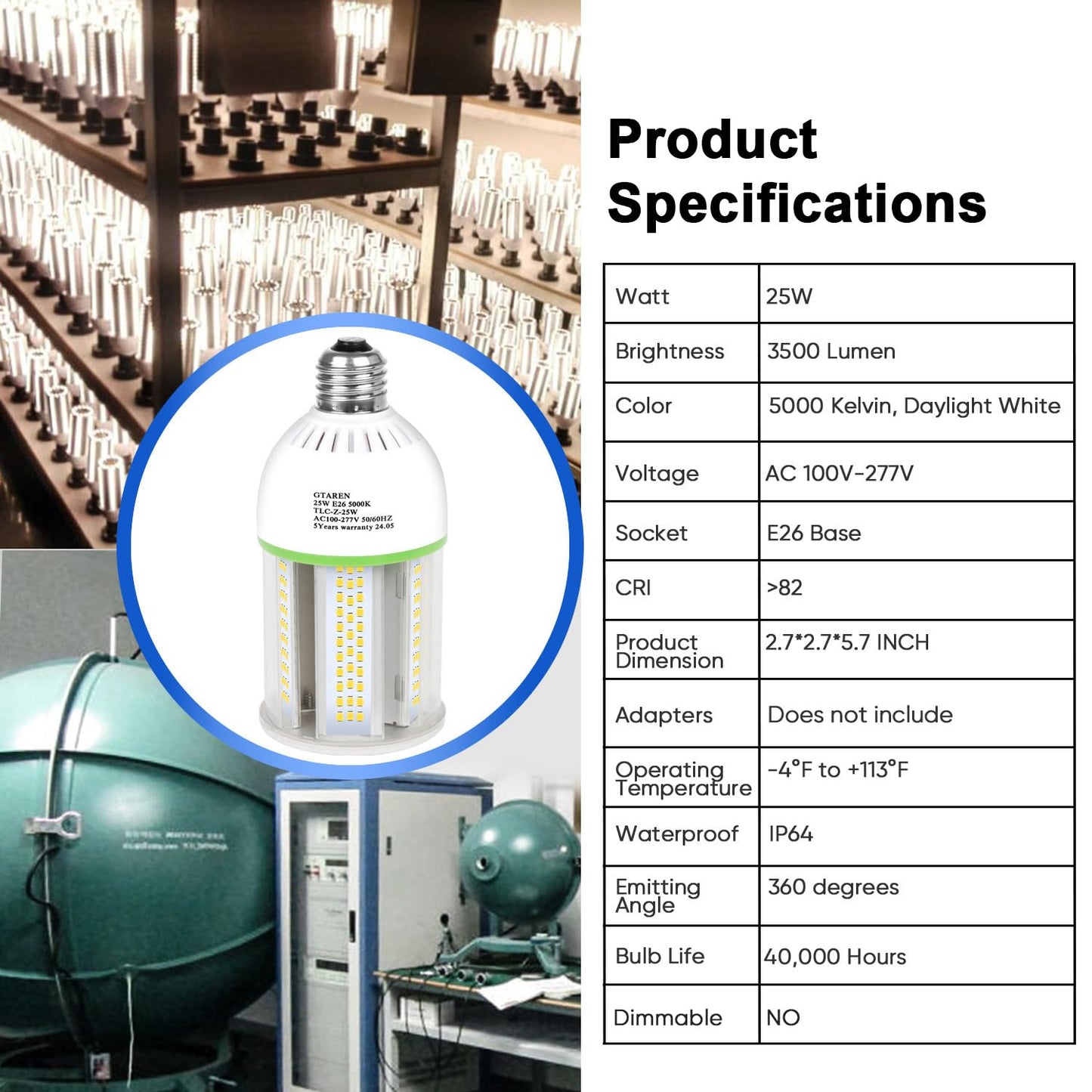 GTAREN E26 LED Bulb, 25W Corn Light, 250W Equivalent, 3500 Lumens, 5000K Daylight White, CFL MH HID Replacement - Indoor Outdoor Basement Backyard