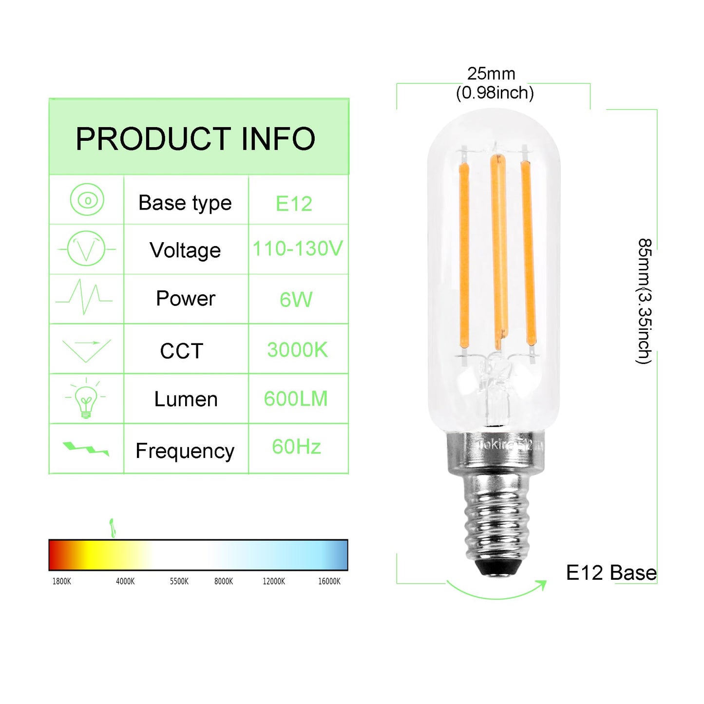 Retro LED Edison Bulb, E12 6W, Equivalent to 40W, 3000K 600 Lumens, Dimmable, Filament Bulb, High Brightness Warm White, Transparent Glass, 2 Sets