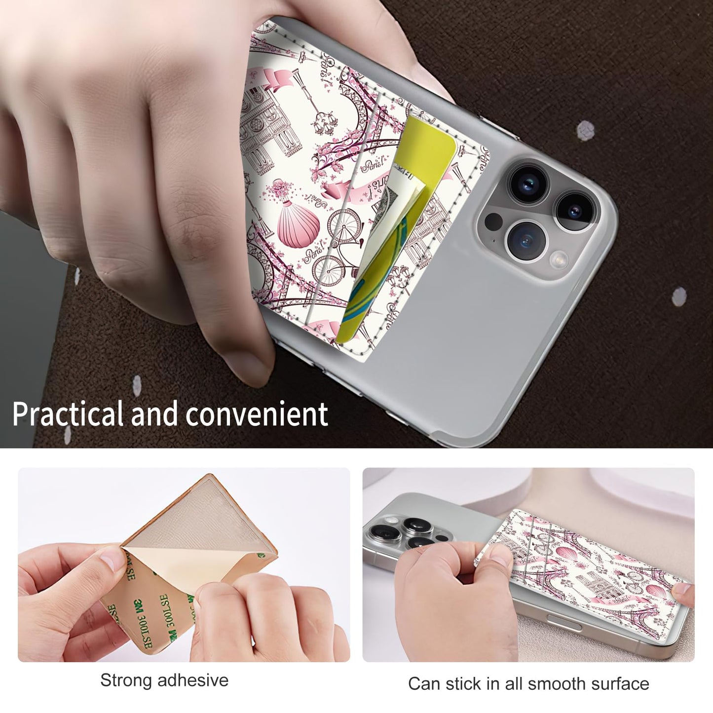 AFPRNK Phone Card Holder, Dual Pocket Leather Wallet Adhesive Stick On, Cute Credit Card Holder for Smartphones Case Compatible with Most Phone?Tower?