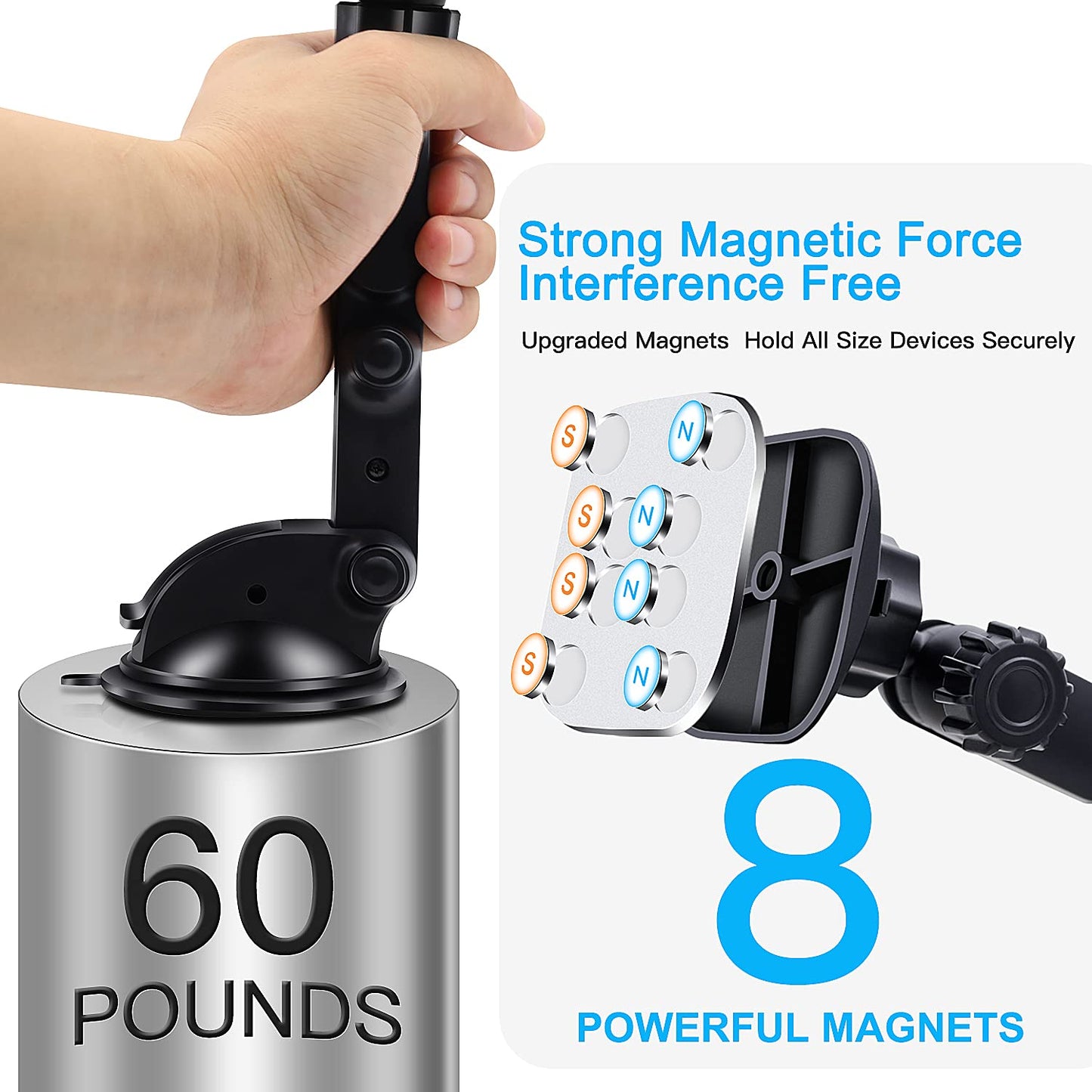 Magnetic Phone Car Mount, Universal Dashboard Windshield Car Phone Mount Holder with Upgraded 3.2" Suction Cup,8 Strong Magnets Compatible with iPhone