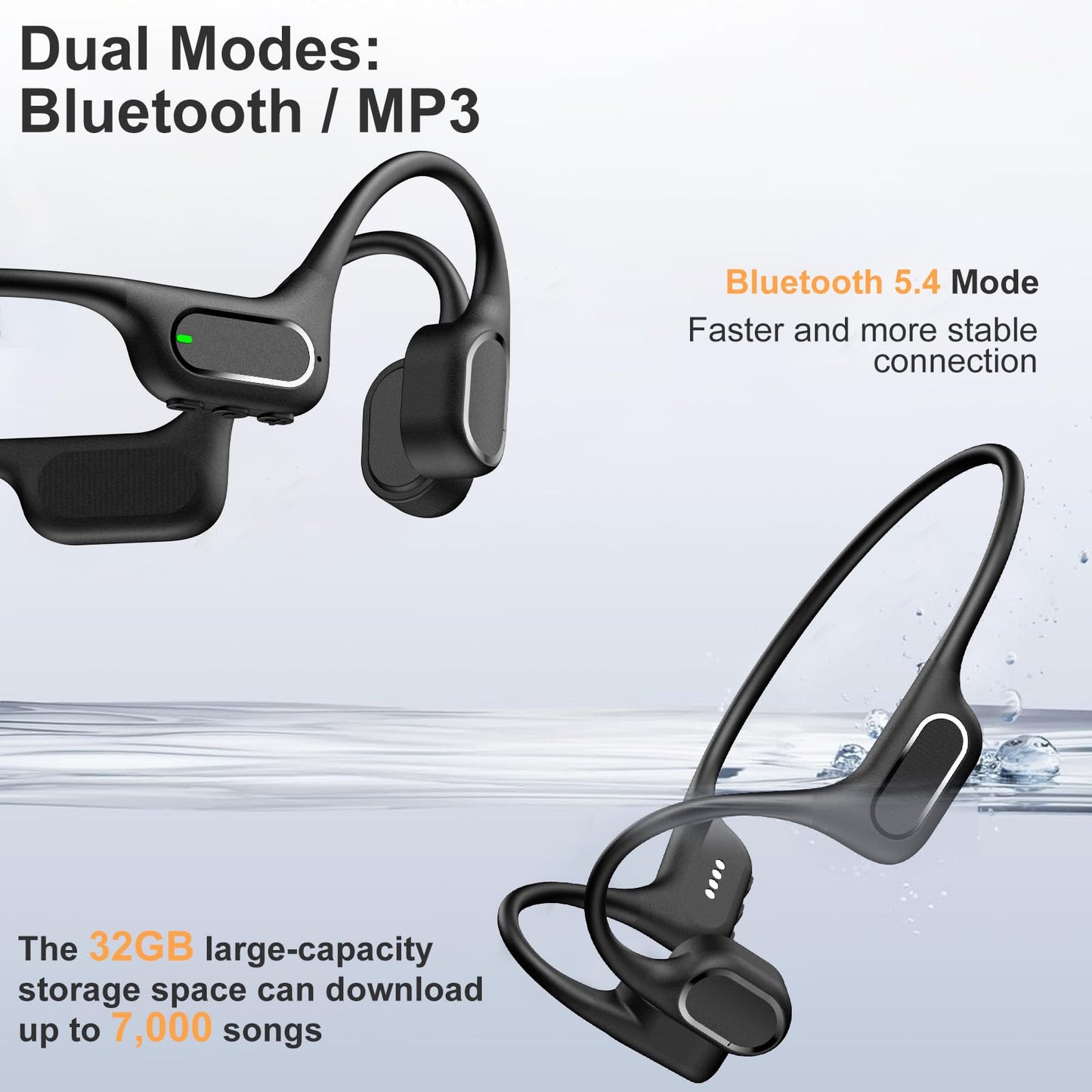 RR SPORTS IP68 Waterproof Swimming Headphones, Bone Conduction Bluetooth 6.0 Headphones, Built-in 32GB MP3 Player, Lightweight Open-Ear Design