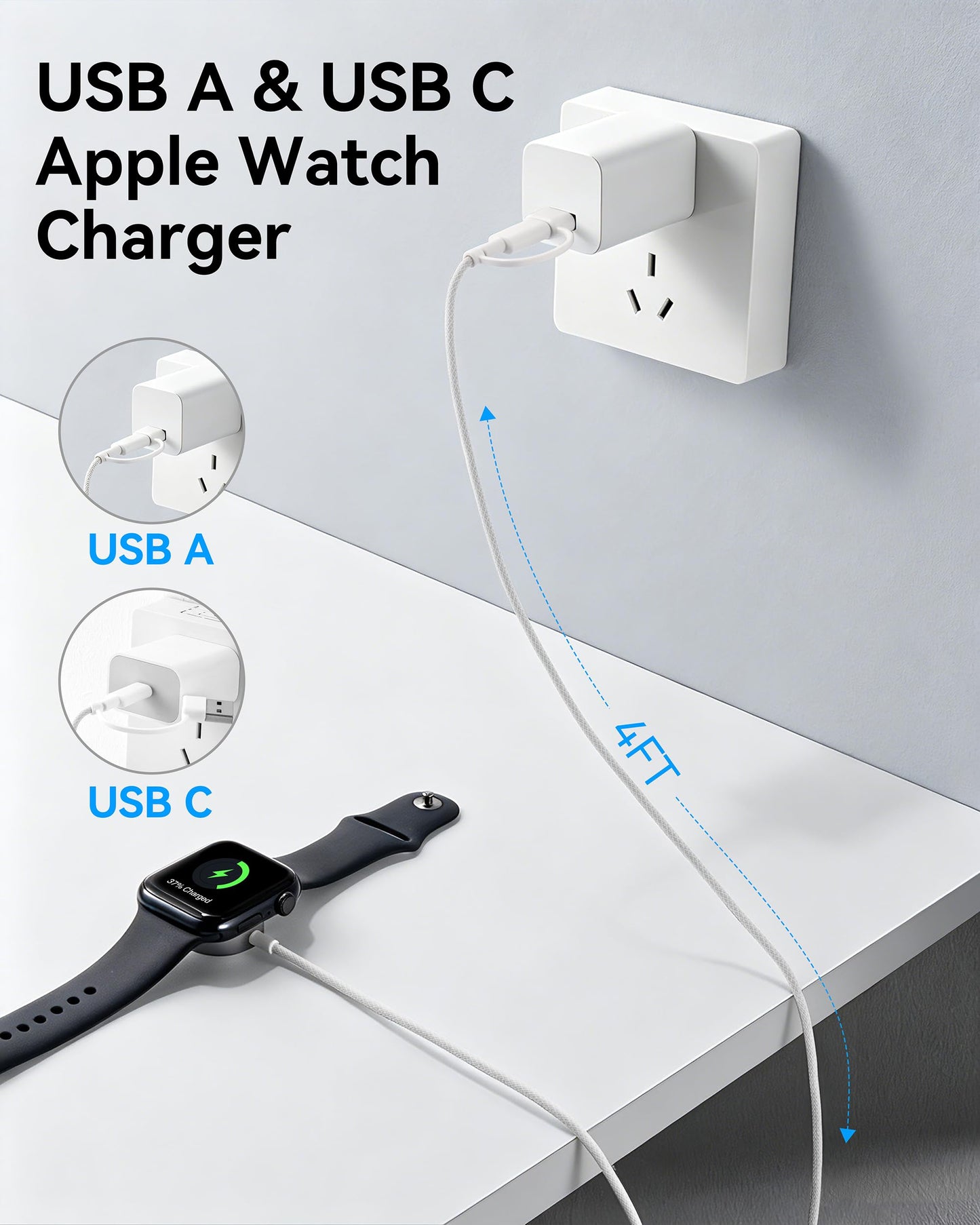 MINLU 2Pack 2 in 1 USB A/C Cable for Apple Watch Charger,4Ft Braided Portable Designed for Magnetic Wireless iWatch Charging Cord,Vacation Camping
