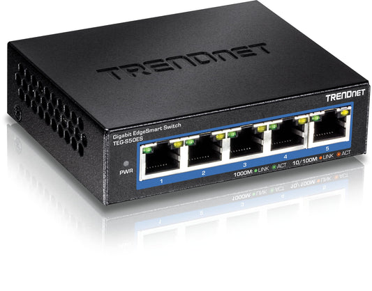 TRENDnet 5-Port Gigabit EdgeSmart Switch, TEG-S50ES, 5 x Gigabit Ports, 10Gbps Switch Capacity, Ethernet Splitter, Managed Smart Gigabit Switch