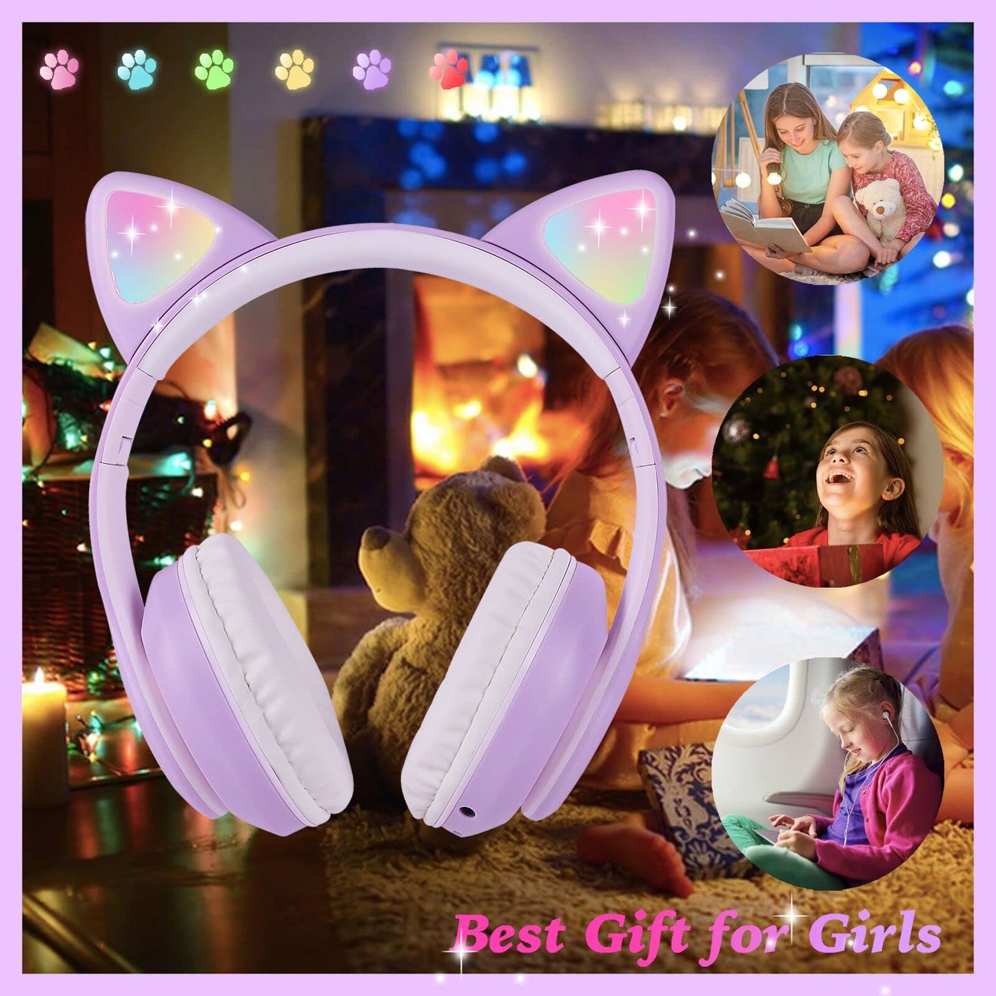 kuyaon Wireless Cat Ear Headphones for Kids, LED Light Up Kids Girls Bluetooth Headphones with Microphone