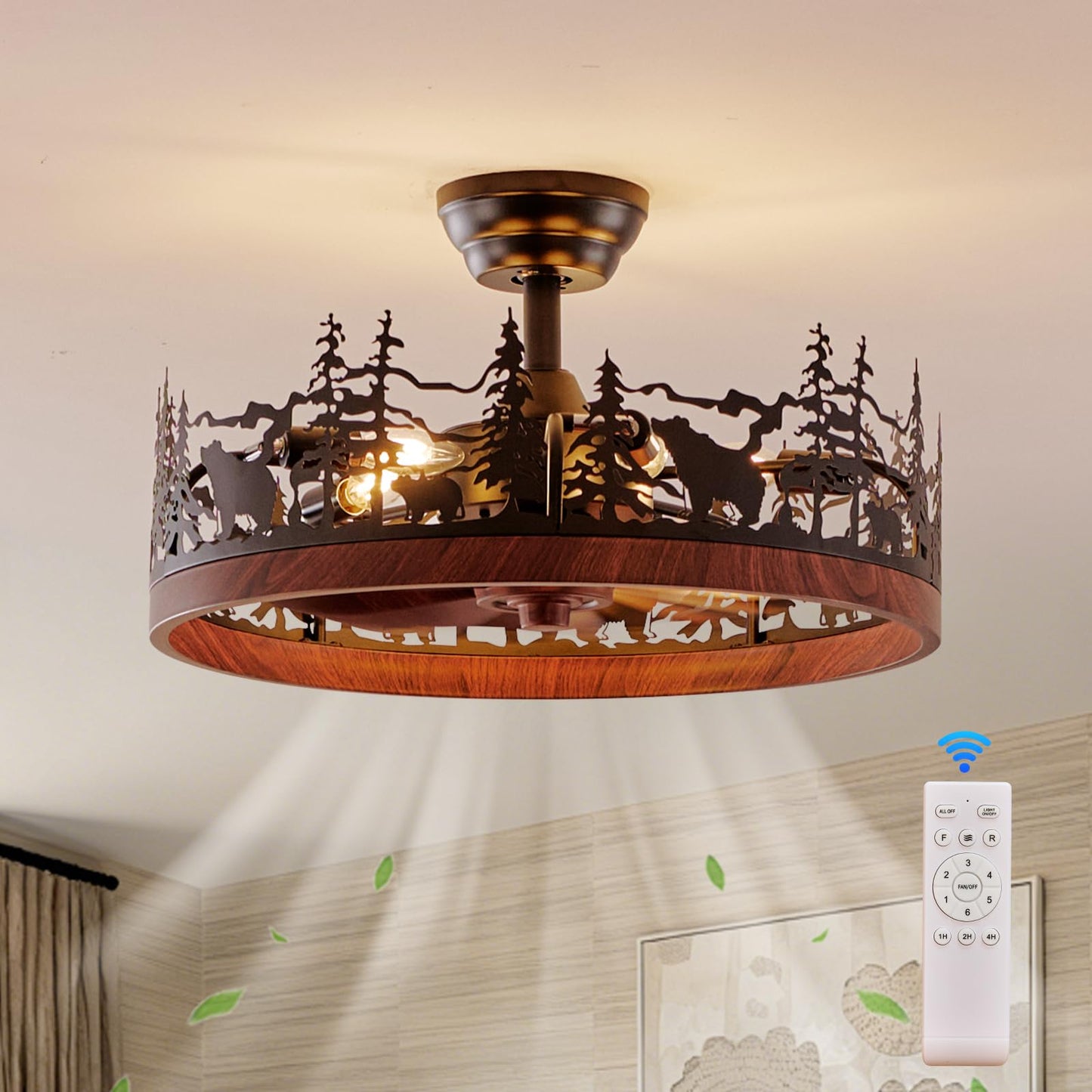 HSMKL 21 Inch Flush Mount Farmhouse Ceiling Fan with Light and Remote, Rustic Walnut Wood Grain Bladeless Fandelier Chandeliers Fan, Forest Ceiling