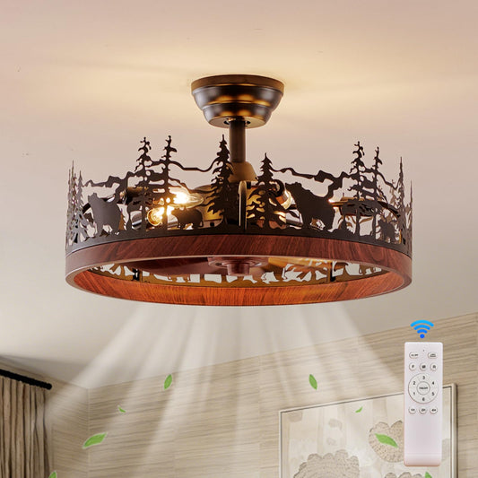 HSMKL 21 Inch Flush Mount Farmhouse Ceiling Fan with Light and Remote, Rustic Walnut Wood Grain Bladeless Fandelier Chandeliers Fan, Forest Ceiling