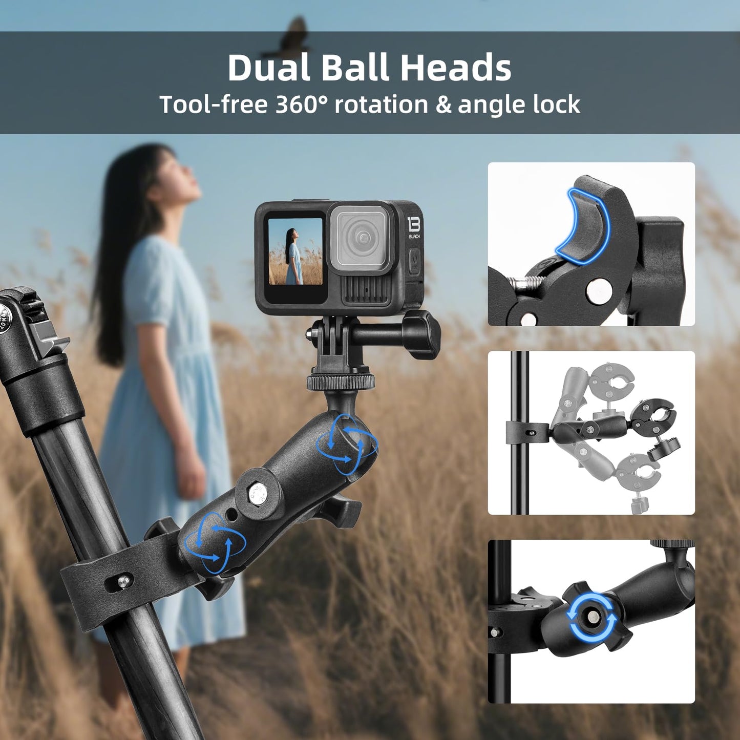 BRDRC Double Clamp Mount Umbrella Holder Camera Pole Bracket for Stroller Wheelchair Monitor Magic Socket Arm Desk Photo Studio Light Stand