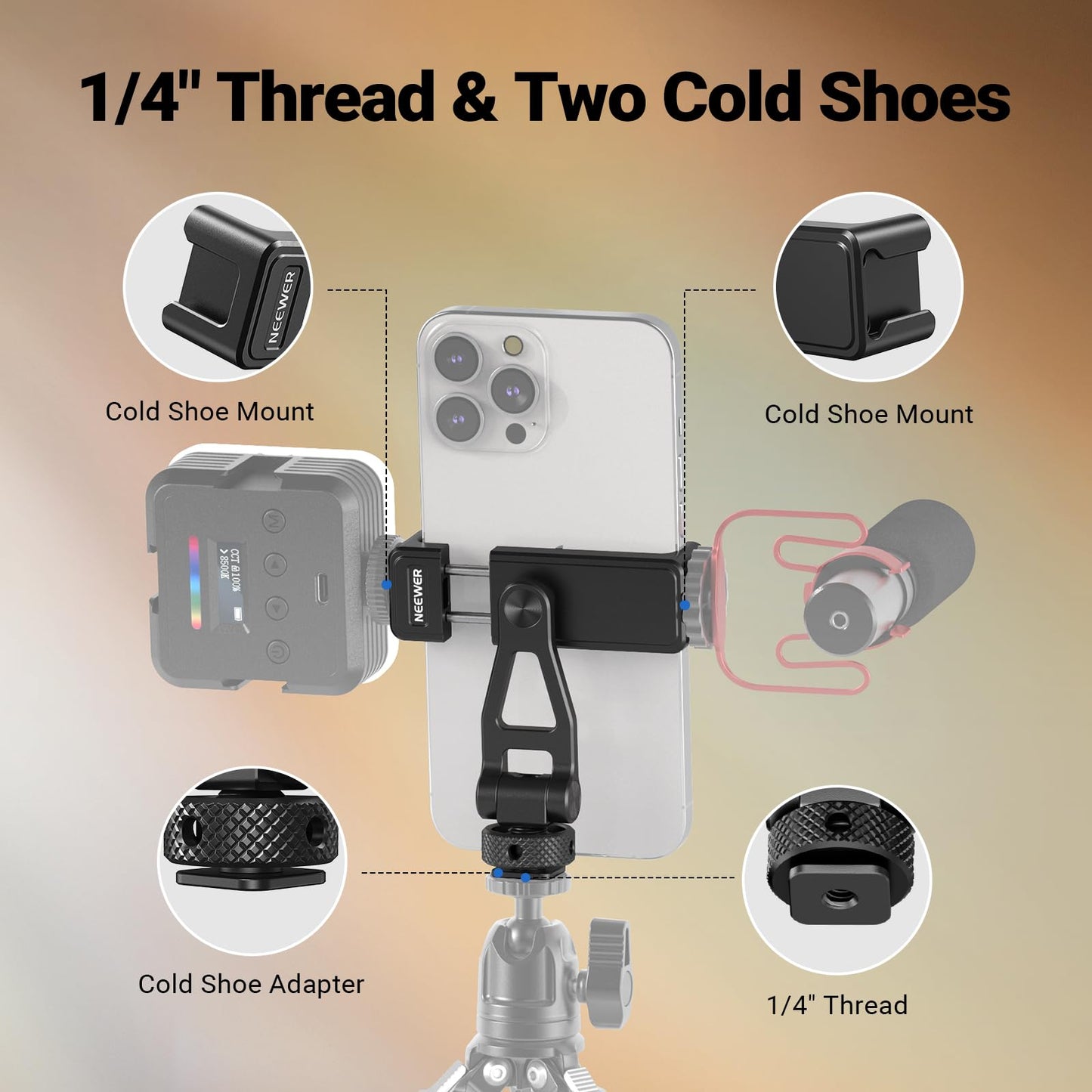 NEEWER Metal Phone Tripod Mount with Cold Shoes, 1/4" Thread, 180° Tilt, 360° Rotation, Adjustable Phone Clamp Holder Compatible with iPhone 17 Pro