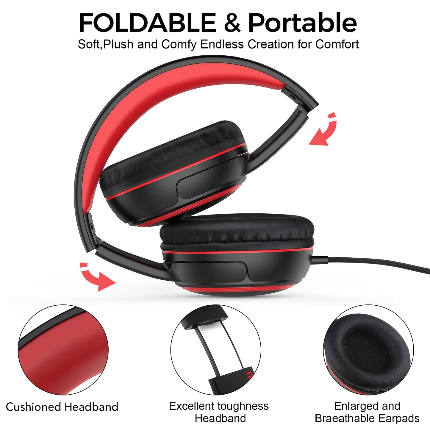 JOMILIN A10 Kids Headphones With Microphone, Lightweight Folding Stereo Bass With 1.5M No-Tangle Cord, Portable Wired for Smartphone Tablet Computer…