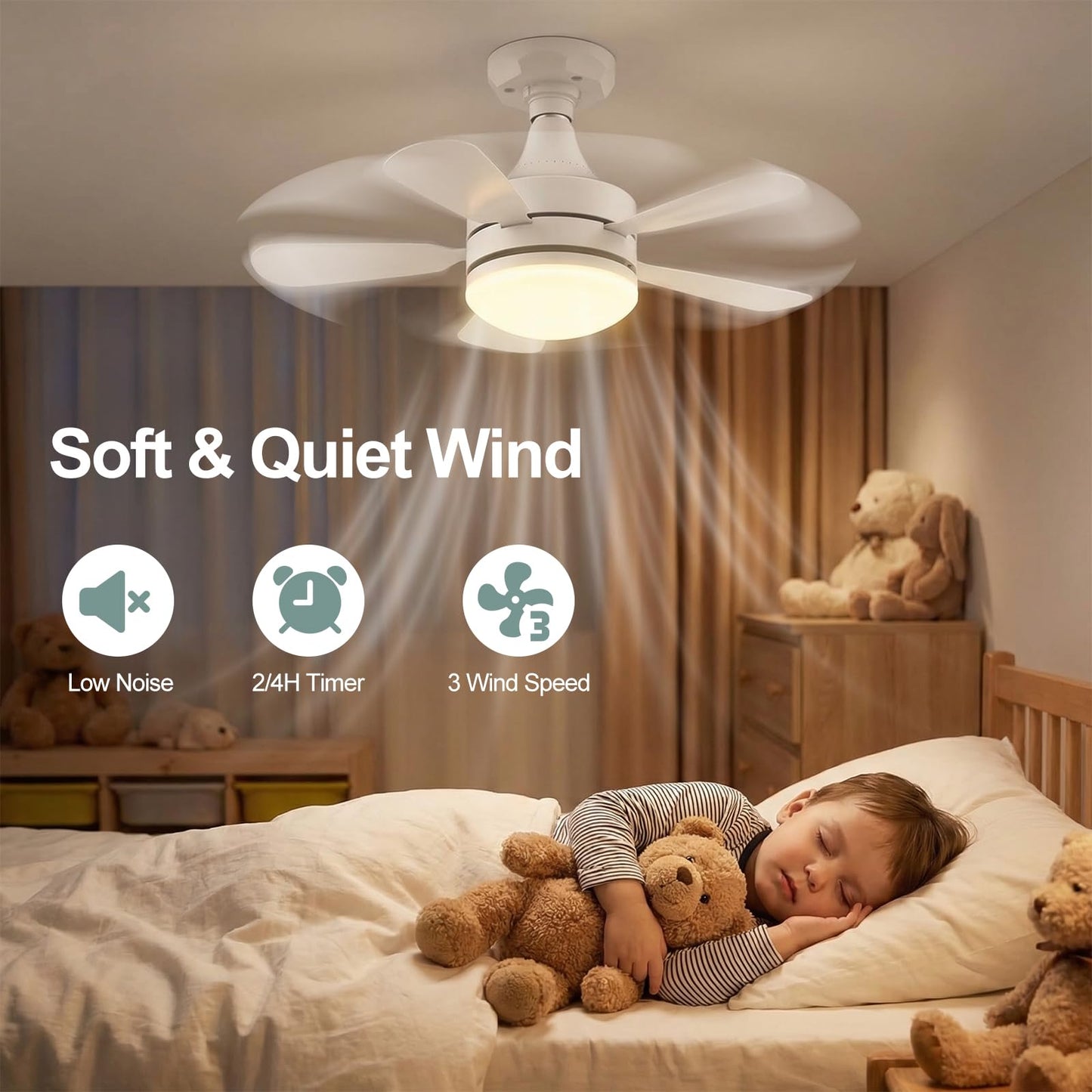 WZZIW 17.7" Socket Fan Light, 3000 Lumens Small Ceiling Fans with Lights and Remote, E26/E27 Light Bulb Fan with Reversible Motor, Dimmable