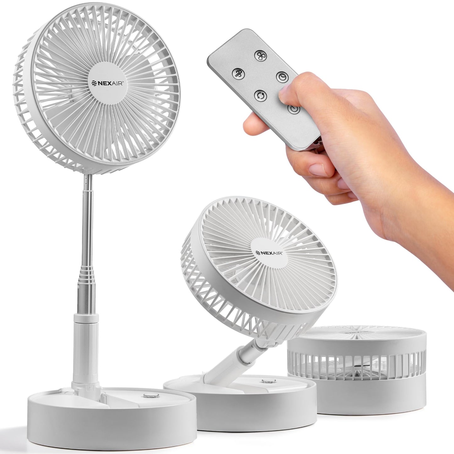 NEXAIR 8" Foldable Fan, Oscillating 4 Speed Portable Fan Adjustable Height 14”-40", Remote Controlled folding Fan with 10,000mAh Rechargeable Battery