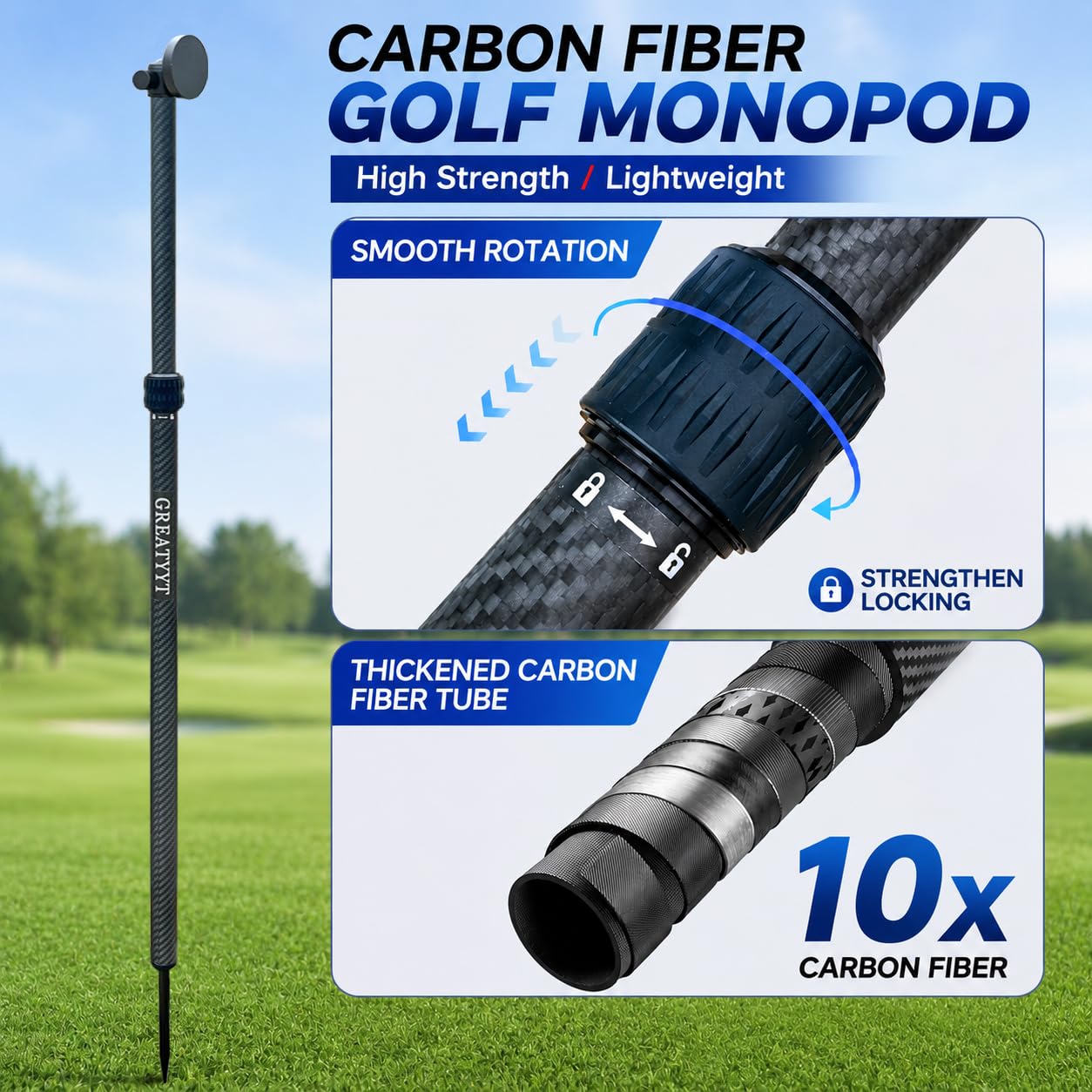 Carbon Fiber Monopod Golf Swing Recorder - Ultra Lightweight with MagSafe Magnetic Holder - Adjustable 32-55" Height - Ground Spike - Training Aid