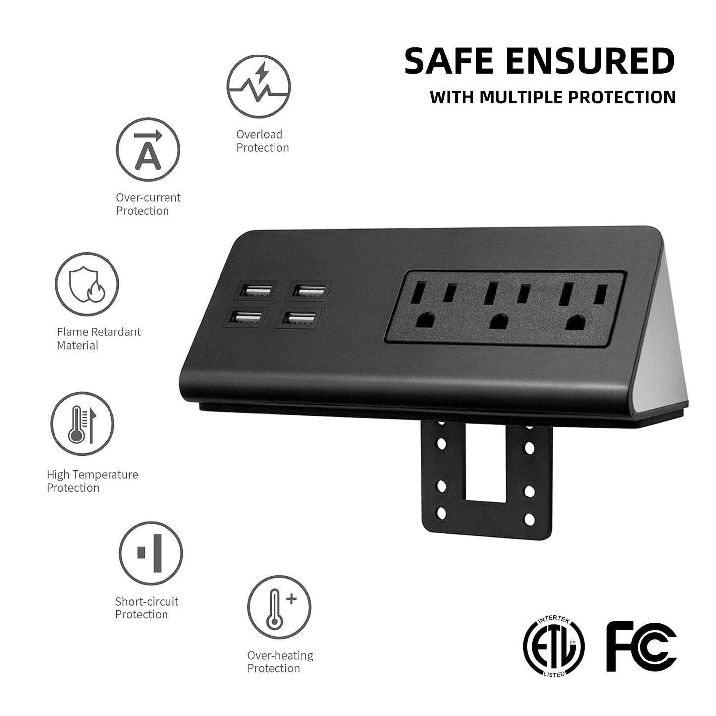 Emerising 2-Pack Desk Edge Mount Power Strips with 4 USB Ports & 3 AC Power Outlets for Home and Office Desktop Charging Bucket, 1250Joules Surge