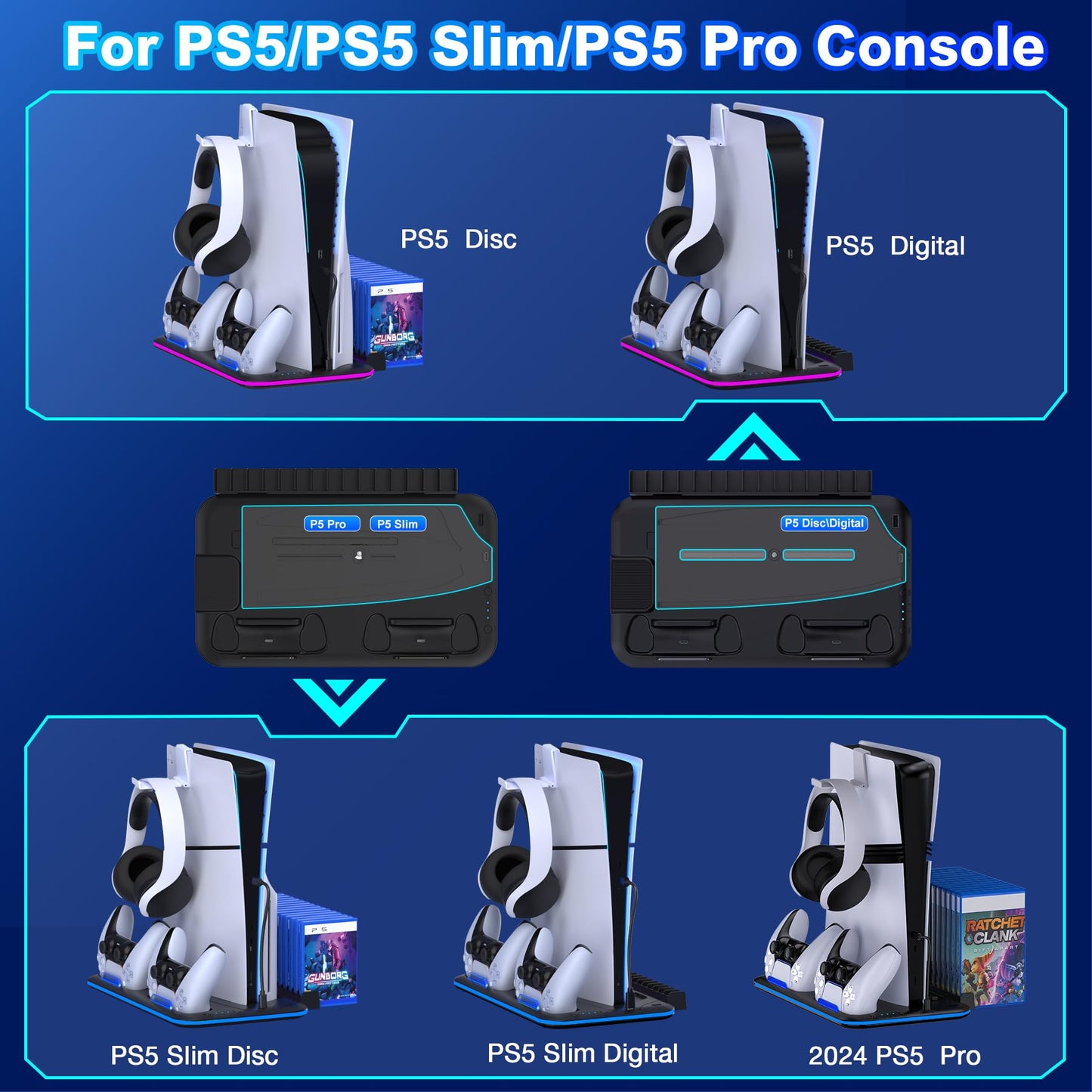 Kawaye PS5/Slim/Pro Stand and Cooling Station for PlayStation 5 Consoles, PS5/Pro/Slim Accessories with 3-Level Cooler Fan, PS5 Controller Charger