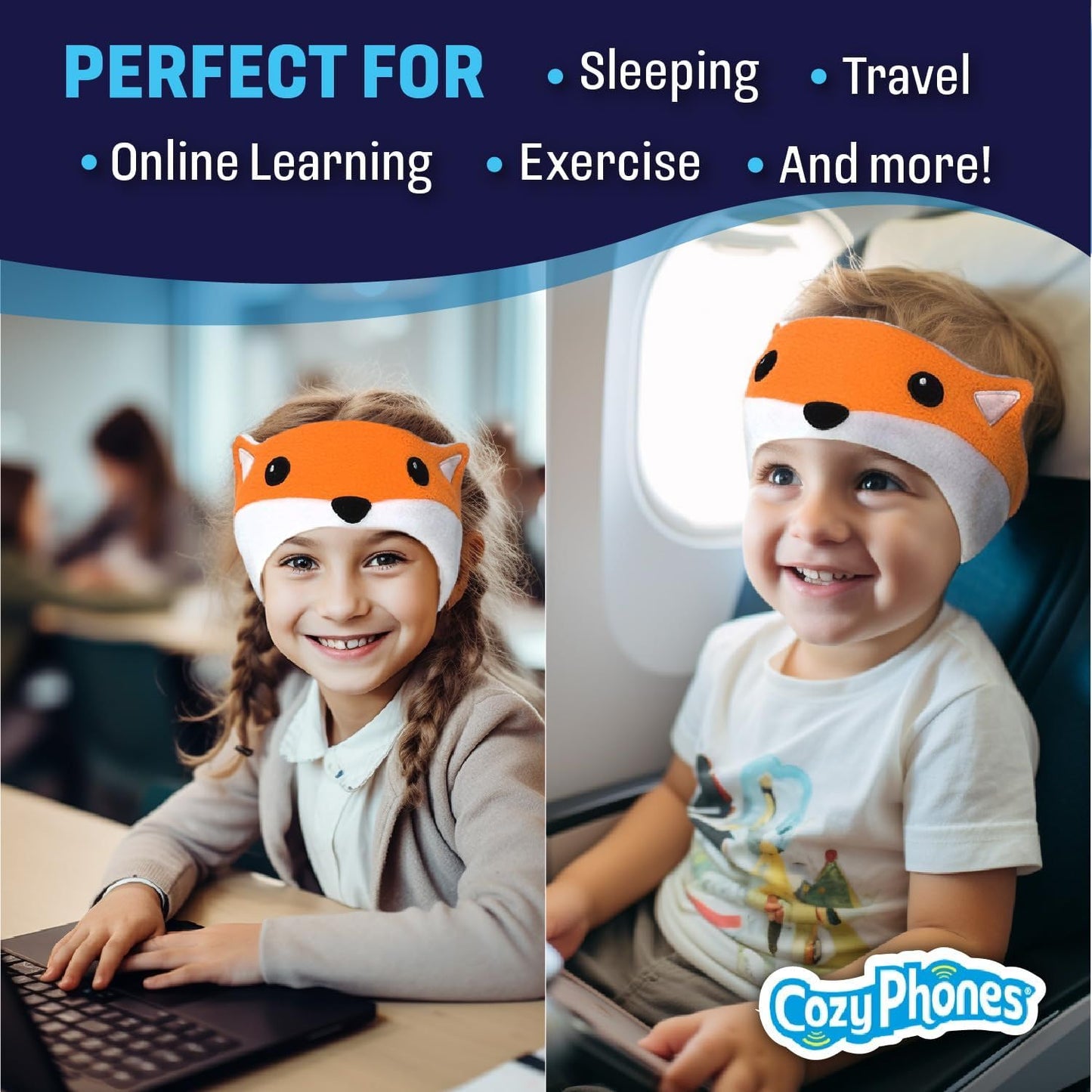 CozyPhones Over The Ear Headband Headphones - Kids Headphones Volume Limited with Thin Speakers & Super Soft Fleece Headband - Fox