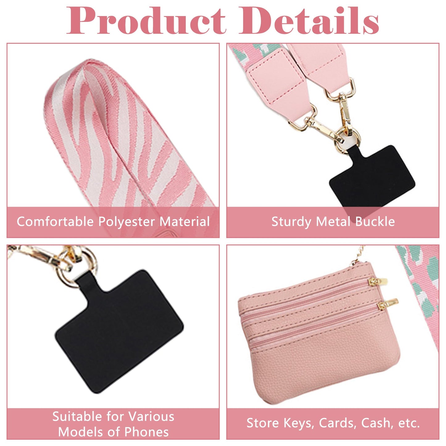 ARefugen 2 Set of Crossbody Phone Strap with Zippered Pouch - Clip and Go Wrist Strap for Phone with Wallet, Adjustable Cellphone Lanyard, Essentials