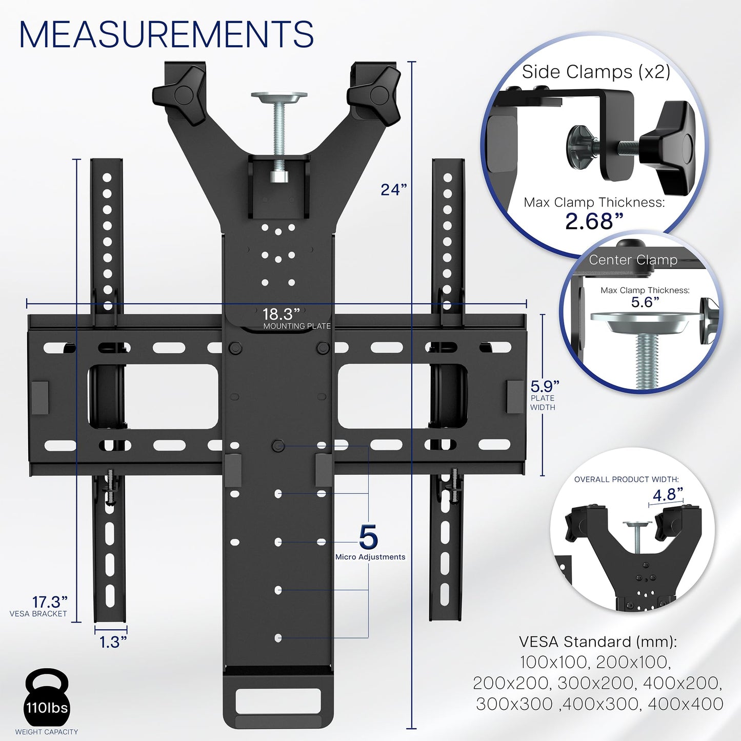VIVO TV Hanger Bracket for 42 to 75 inch Flat and Curved Screens, Light Weight Steel Design, Height Adjustable Cross Bar, Loft Bed, Thin Door TV