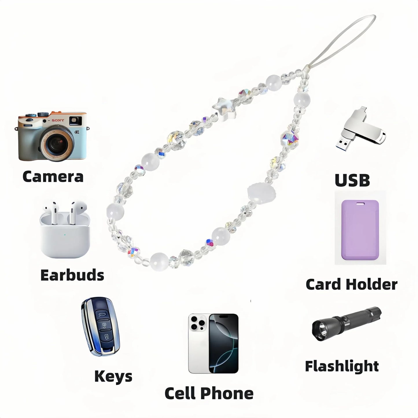 NUANJUYU Cute Sparkling Star & Cat's Eye Phone Lanyard, Beaded Crystal Charm Strap for Phone Keys Purse - Gift for Women Girls?White ?