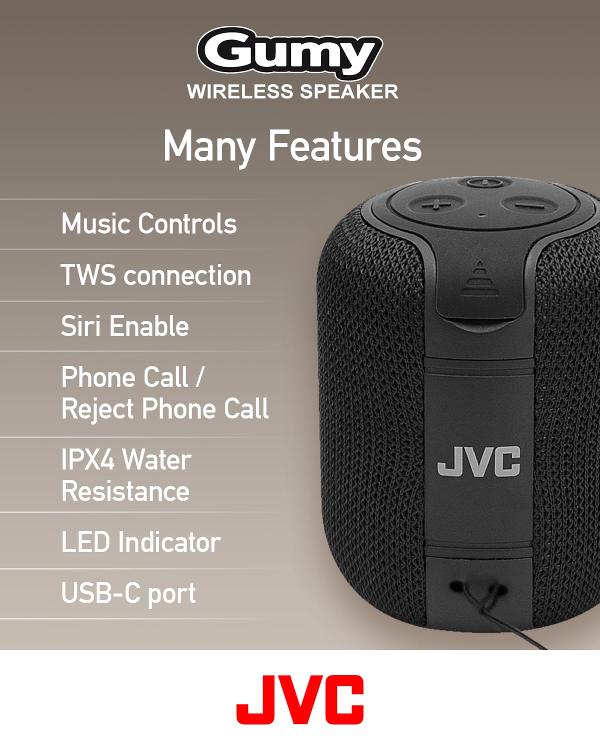 JVC Portable Gumy Wireless Speaker with Surround Sound, Bluetooth 5.3, Lightweight, TWS Capability, USB-C, up to 15-Hour Battery Life - SPSG1BTA