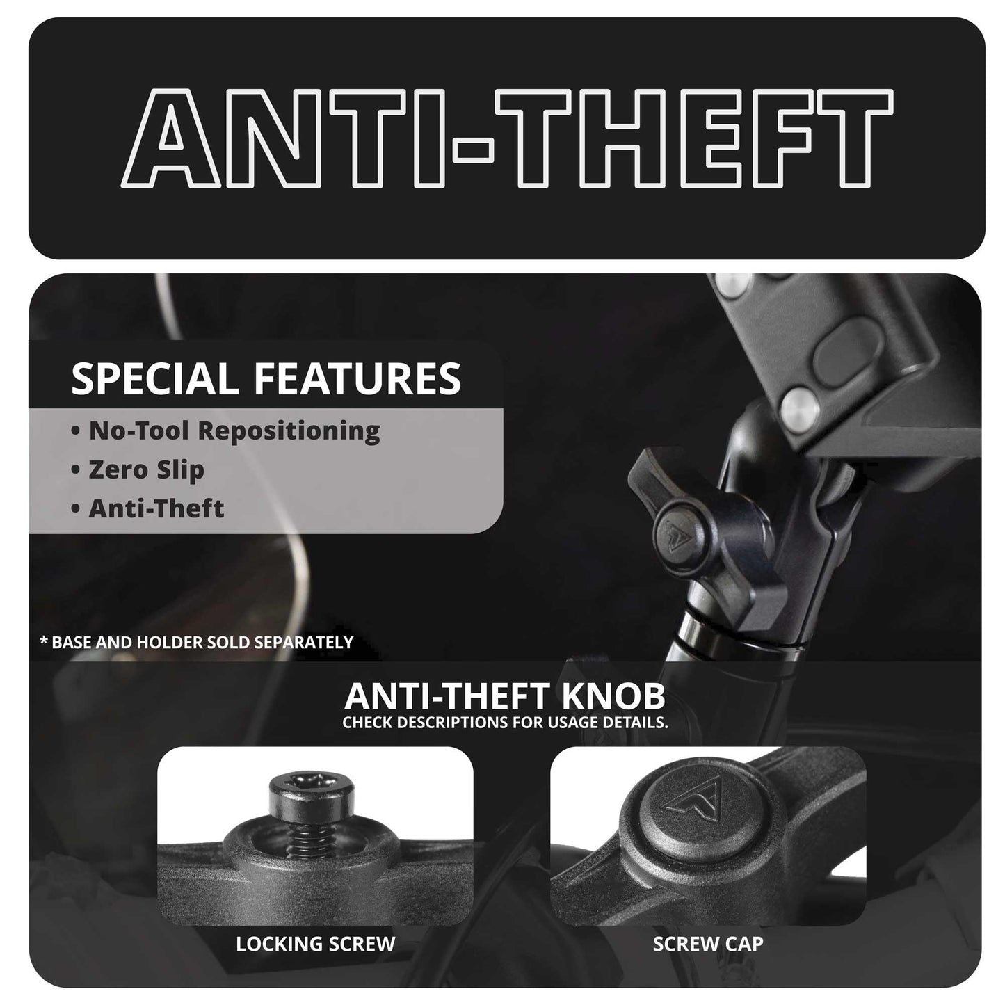Tackform 3.5" Long Metal 20mm Ball and Socket Arm DuraLock 20 Series | Dual 20mm Sockets with Optional Anti-Theft Knobs | Black with Orange Billet