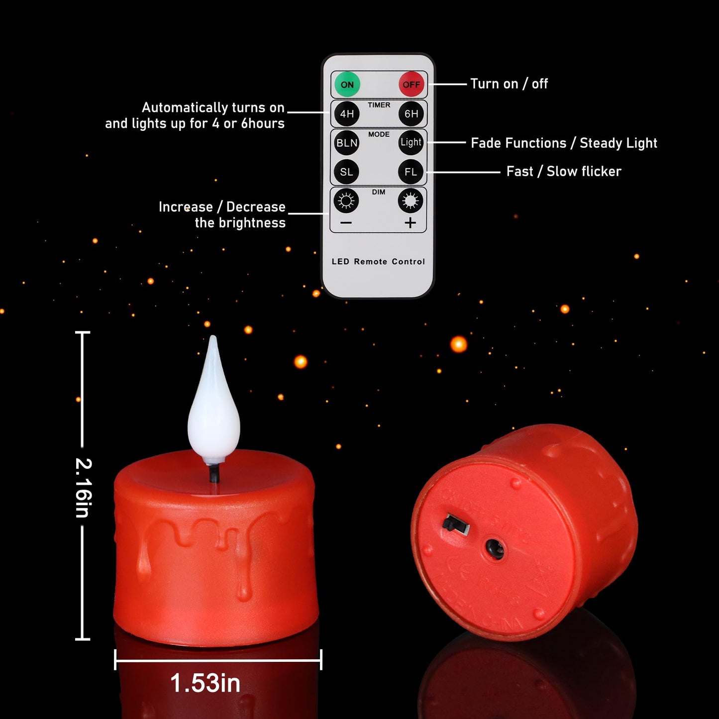 Yunsheng 12PCS Red Rechargeable LED Tea Lights Candles with Remote, 3D Wick Flickering Flameless Votive Tea Lights, Warm White Electric Fake Candles