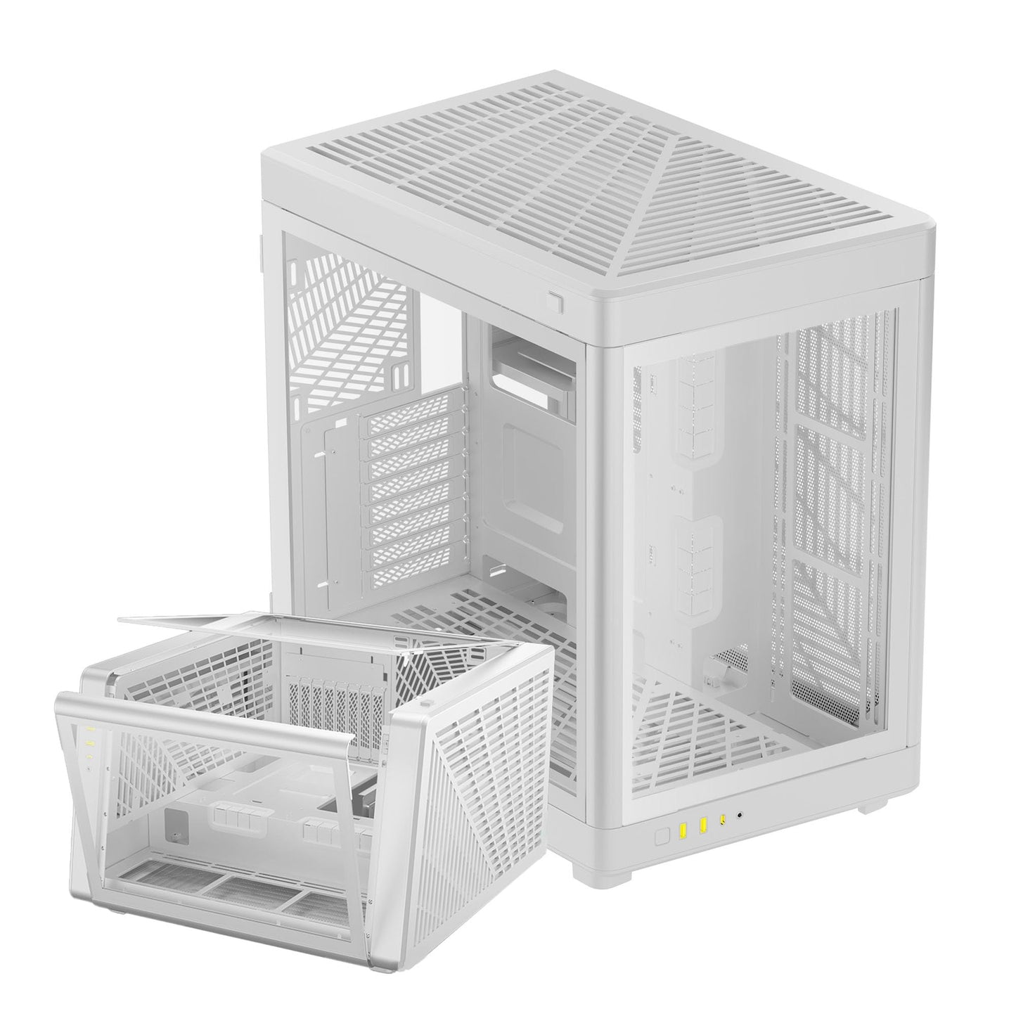 GAMDIAS RGB Dual-Chamber Tempered Glass Gaming PC Case, 2-Way Standing w/Vertical & Horizontal Orientaton & One-Touch Open Computer Case Support 420mm