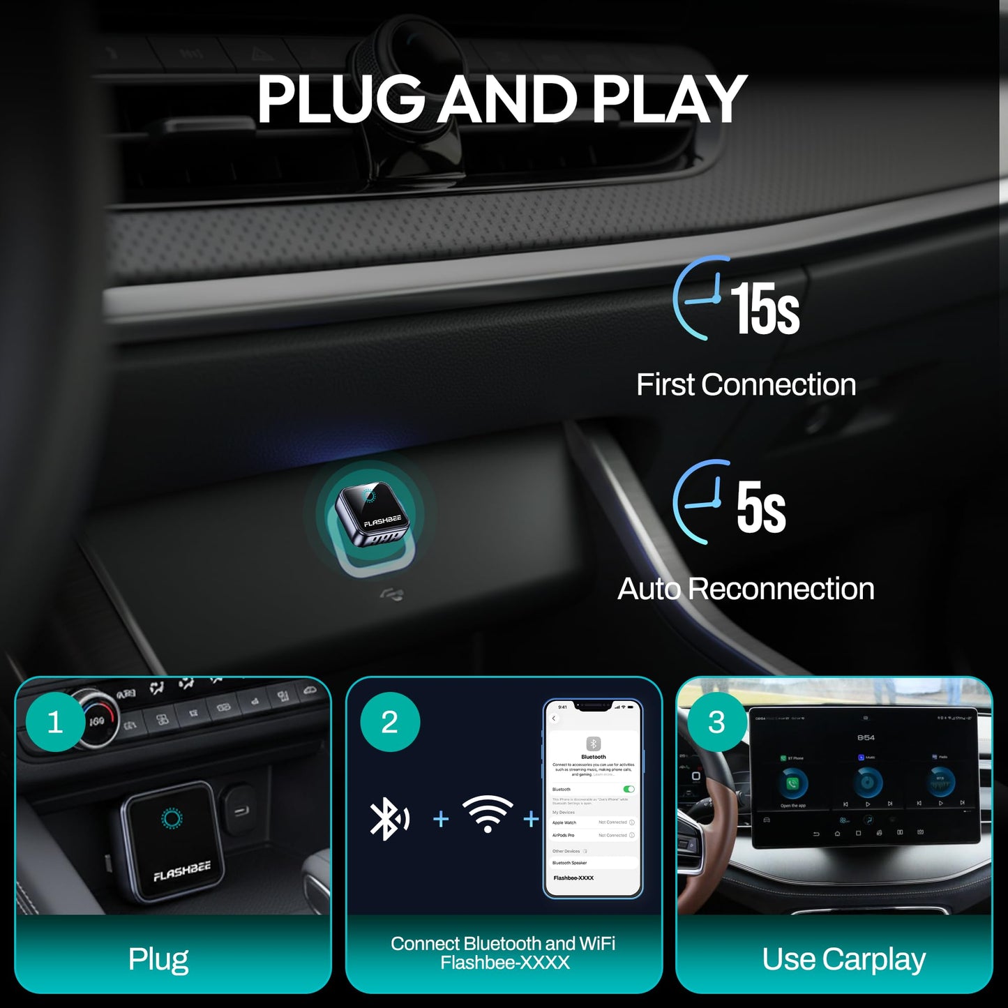 Flashbee 2026 [2-in-1] Latest Wireless CarPlay & Android Auto Adapter, Converts Wired to Wireless, Fast Auto-Reconnect, Dual-Band 5GHz WiFi +
