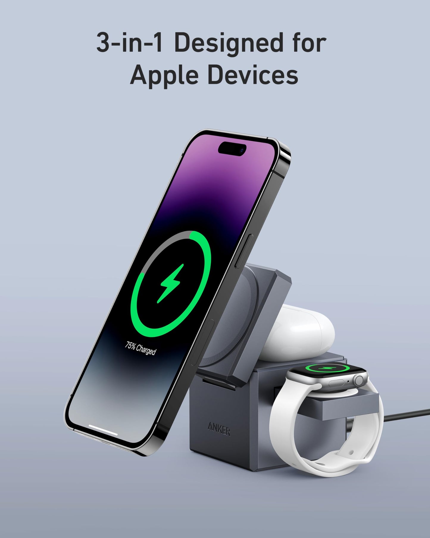 Anker 3-in-1 Cube Wireless Charger, MagSafe Charging Stand, 15W Foldable Fast Charging Station for iPhone 17/16/15, Apple Watch 1-8/Ultra, AirPods