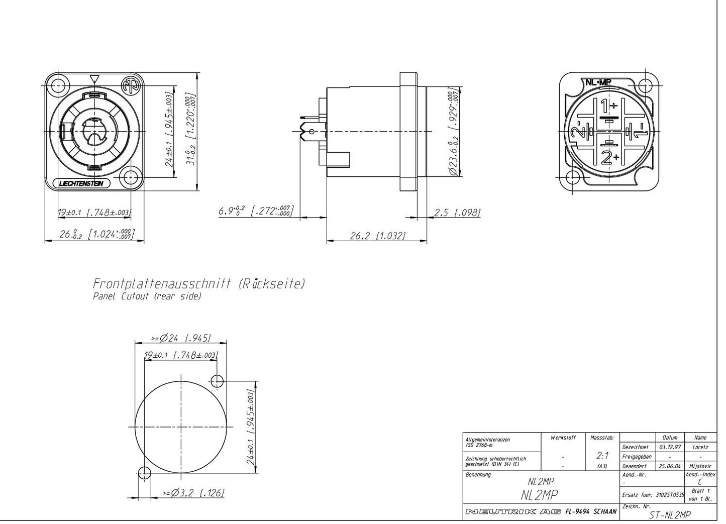 Neutrik NL2MP (Pack of 4) Chassis Mount Solder, 2 Pole Type Speakon Connector