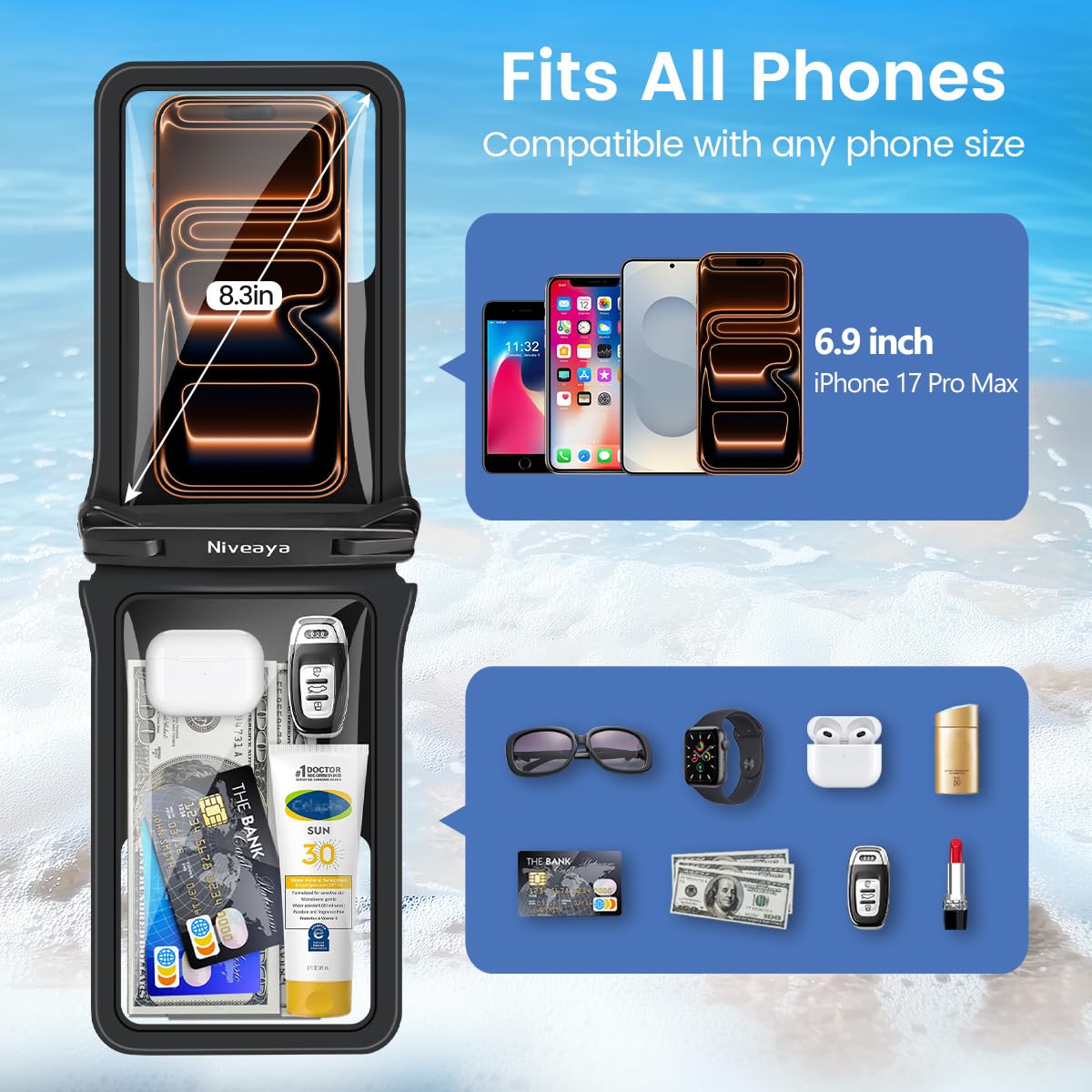 Niveaya Waterproof Phone Pouch - 2 Pcs, IPX8 Double Space Waterproof Phone Case, Accommodates Multiple Cell Phones.