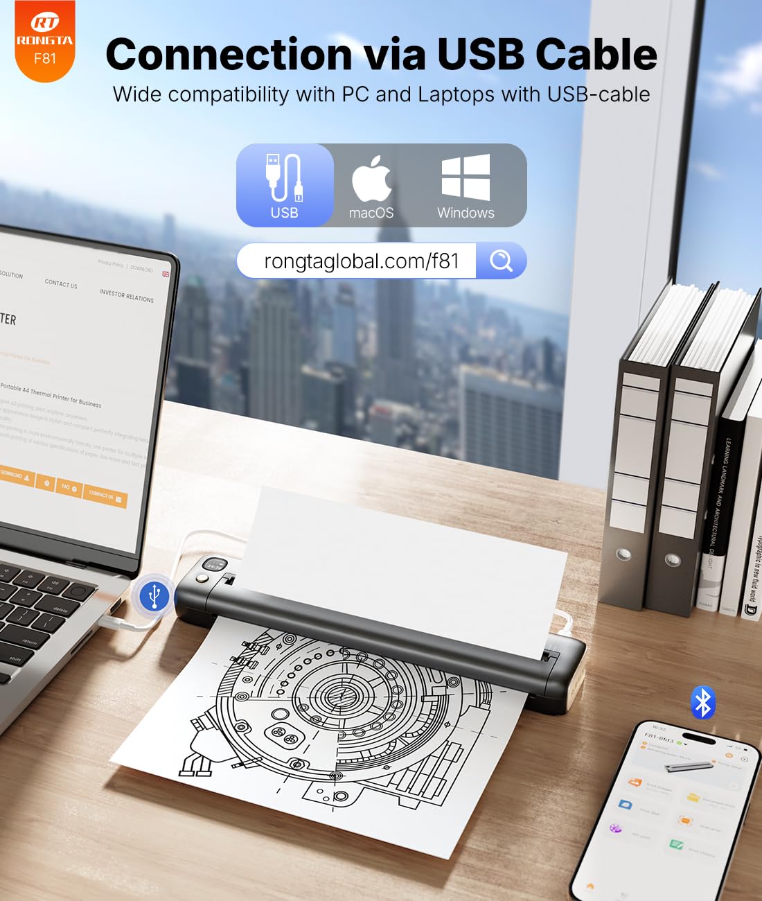Rongta Portable Printers Wireless for Travel, Bluetooth Mobile Printer, Thermal Inkless Printer for School/Office/Home Use, Compatible