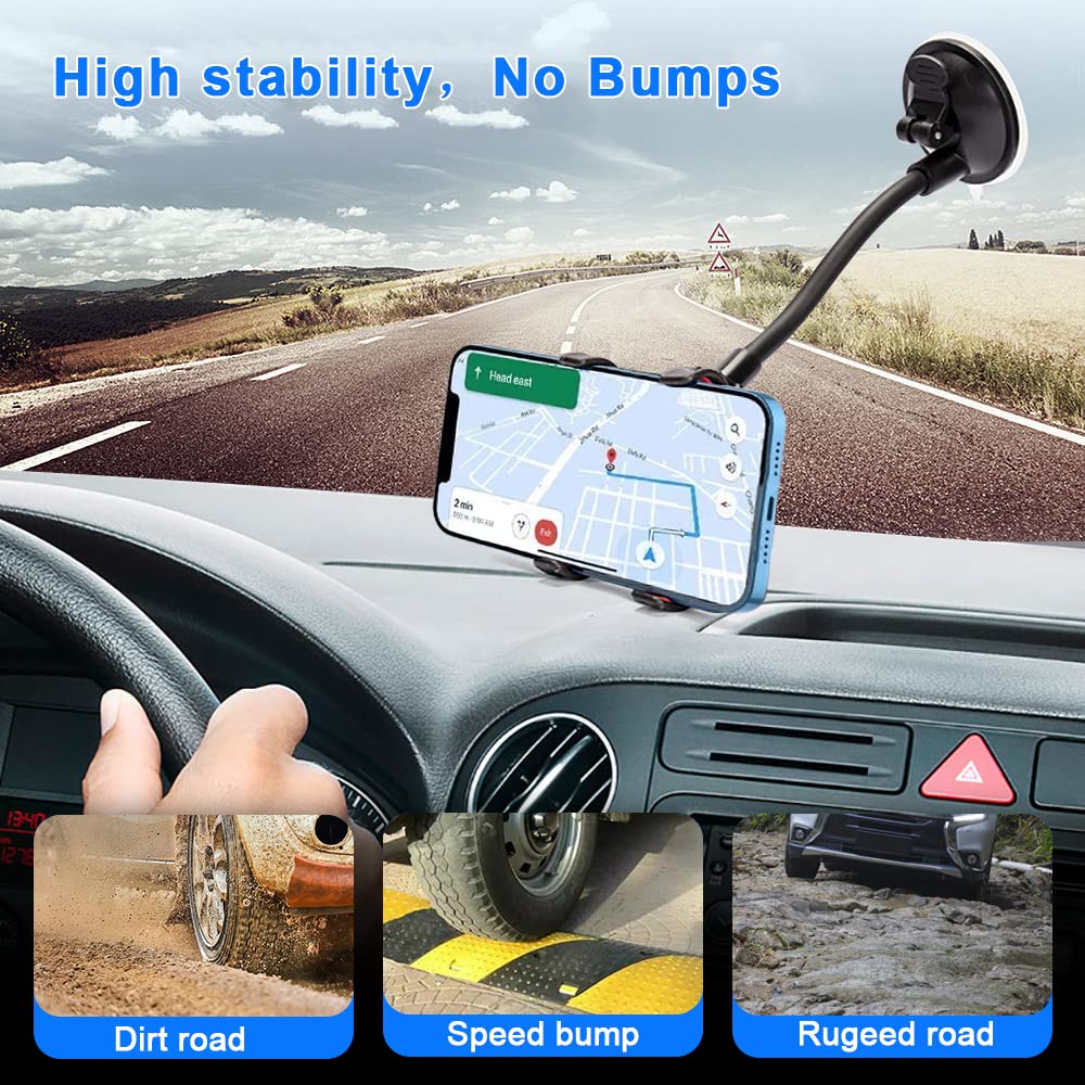 YZtree Phone Holders for Your Car: Windshield Phone Mount with Long Arm, 360° Rotation Strong Suction Cell Phone Car Mount, Anti-Shake Stabilizer