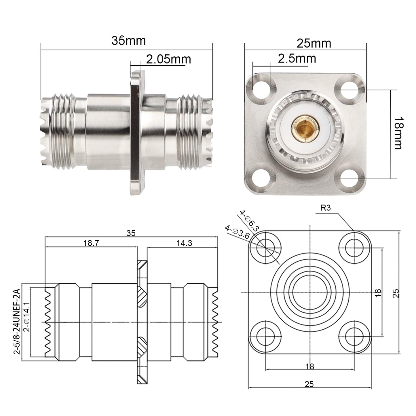 MOOKEERF 3 Pack SO239 Connectors SO239 4-Hole Flange Panel Chassis Mount Adapter UHF Female to Female SO-239 Bulkhead Connector for PL259 Male Plug