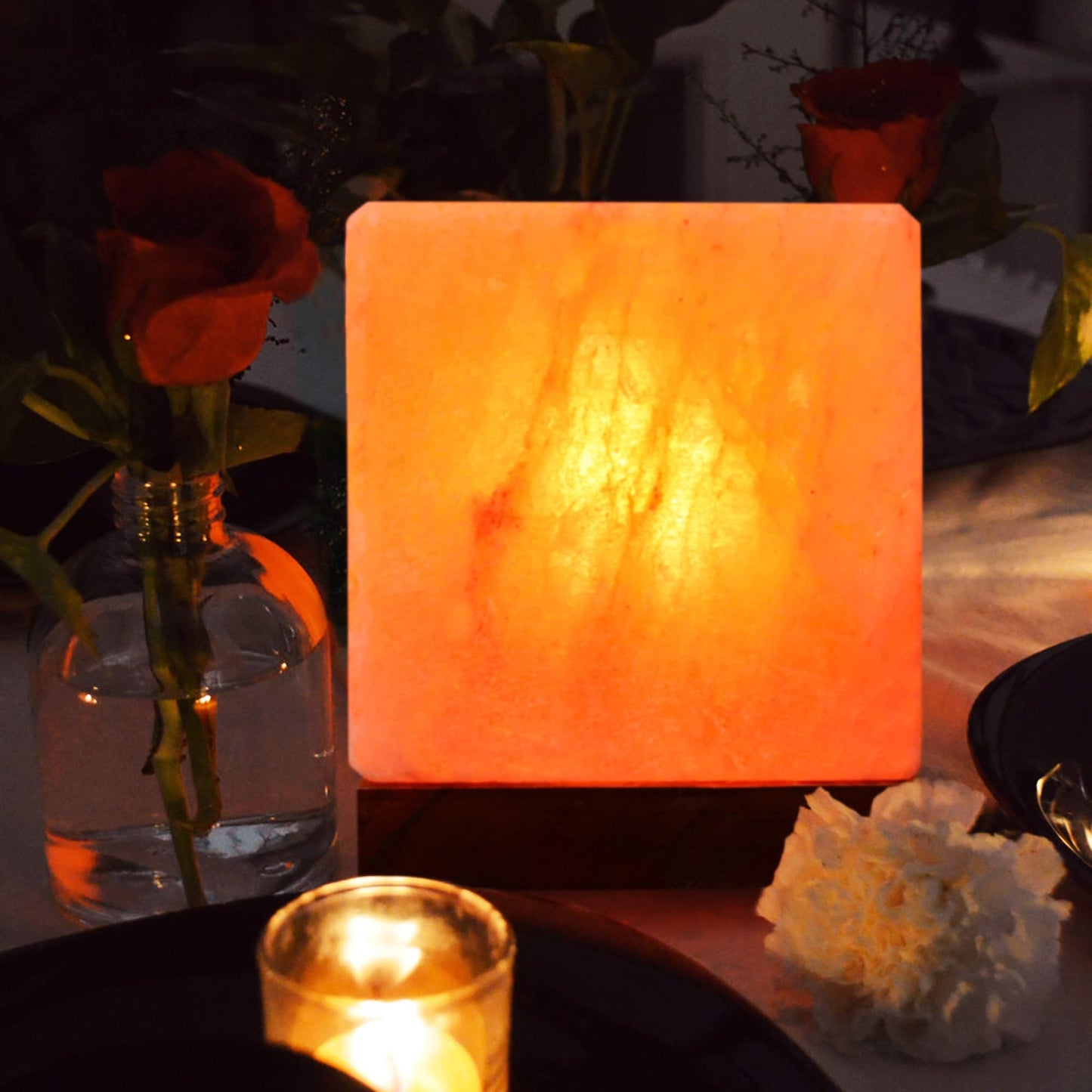 NatureBoost Himalayan Pink Salt Lamp, Cube Shape, 8 x 6 x 6 Inches - Hand-Carved Natural Salt Lamp with Wooden Base, Warm Ambient Glow for Bedroom