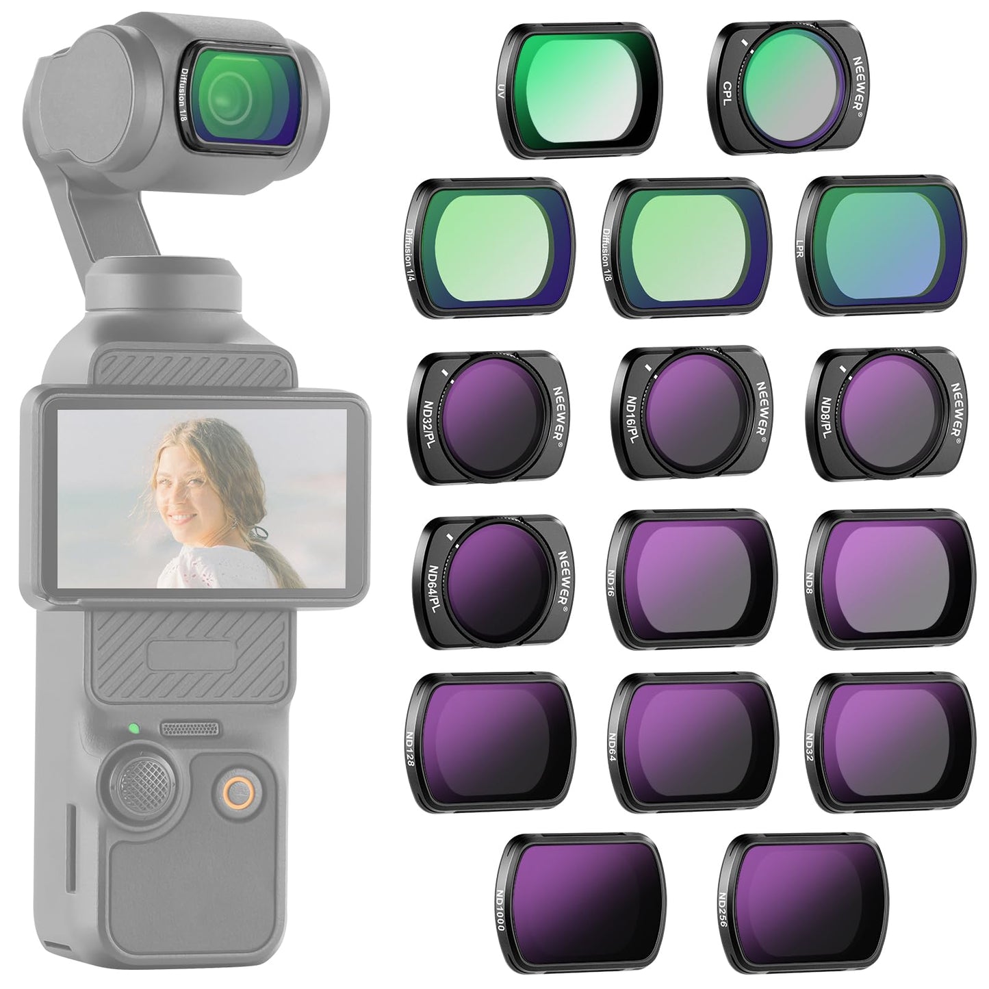 NEEWER 16 Pack Filter Set for Pocket 3, ND8 ND16 ND32 ND64 ND128 ND256 ND1000 ND8/PL ND16/PL ND32/PL ND64/PL Black Diffusion 1/4 1/8 UV Light