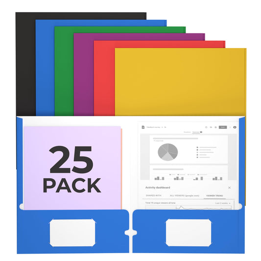 Folders with Pockets 2 Pocket Folders Bulk, Holds 100 Sheets (50 Sheets Per Pocket) Assorted Colors Office Or School (25)