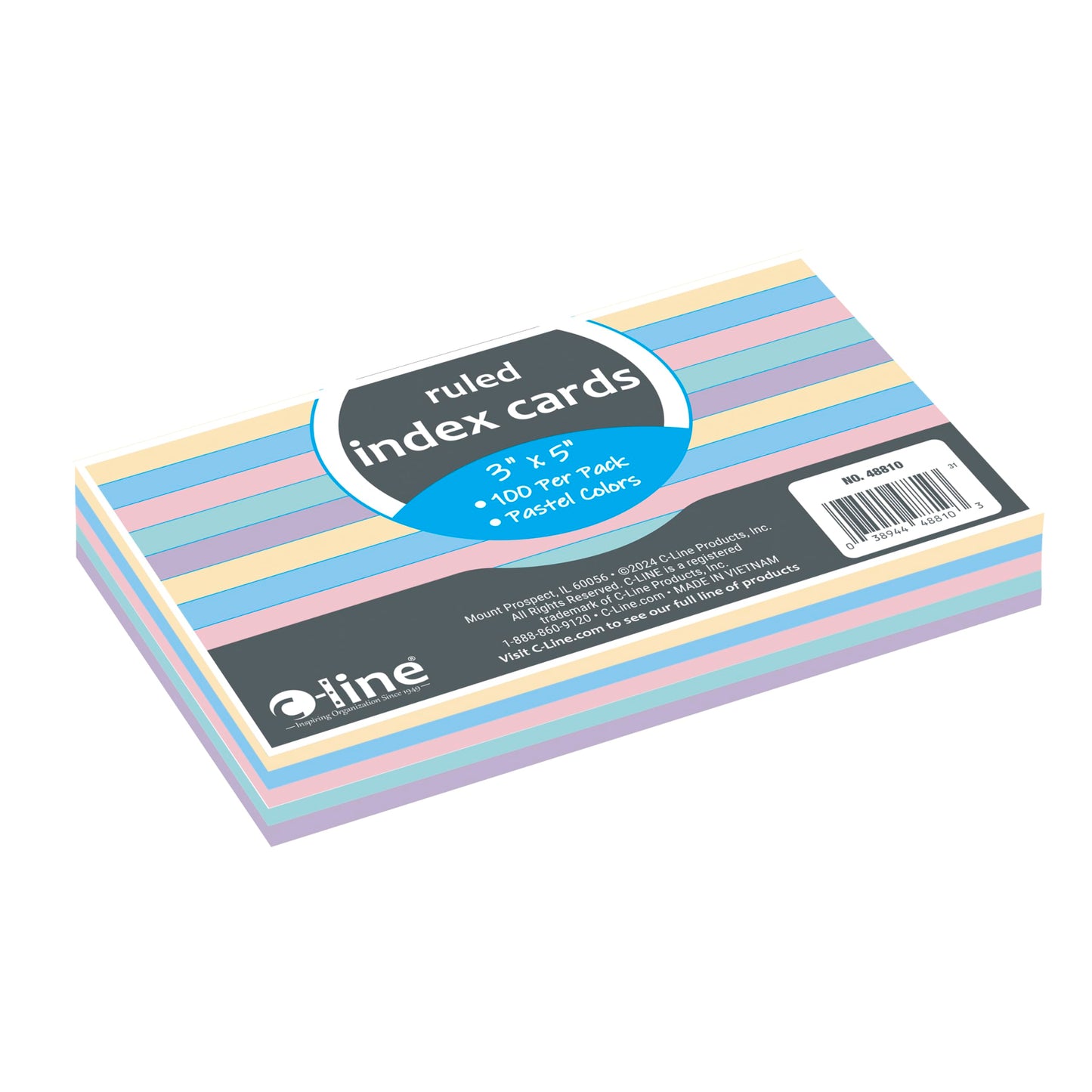 C-Line 3” x 5” Index Cards, Assorted Colors, Ruled, 100/PK (48810)