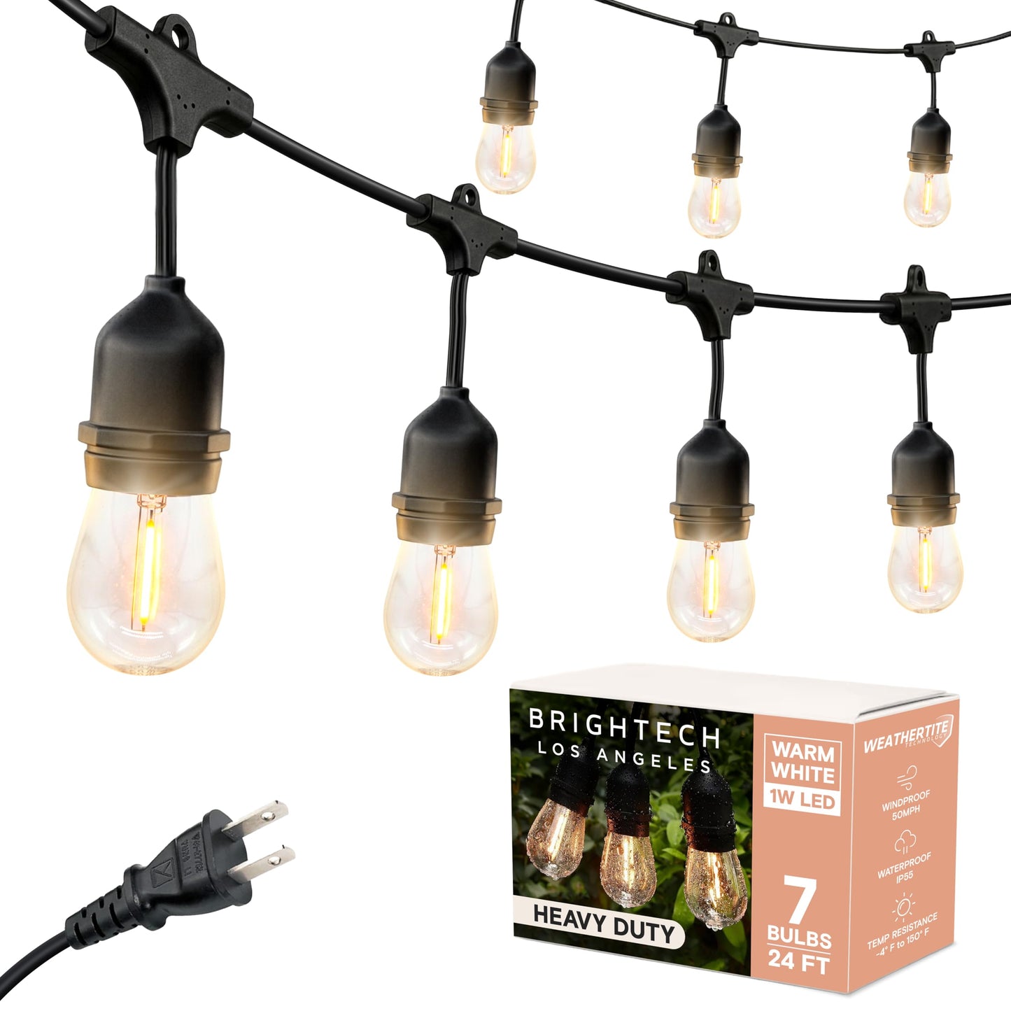 Brightech Ambience Pro LED String Lights - 24 Ft Commercial Grade Patio Lighting Outdoor Waterproof - 7 Heavy Duty Porch Lights for Outside