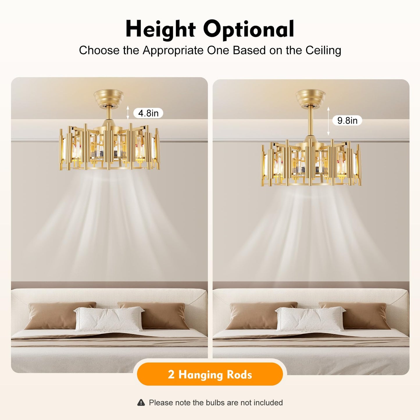 YINZINR Gold Caged Ceiling Fan with Light, 20" Modern 3 Speeds Remote Control Round Timing LED Chandelier, Flush Mount Fan Chandelier, for Living Room