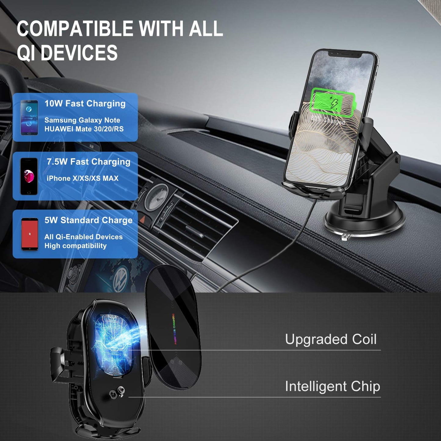 YITUMU Wireless Car Charger,15W Qi Fast Charging Auto-Clamping Air Vent Windshield Dashboard Car Phone Mount,Long Arm Suction Cup Holder for iPhone