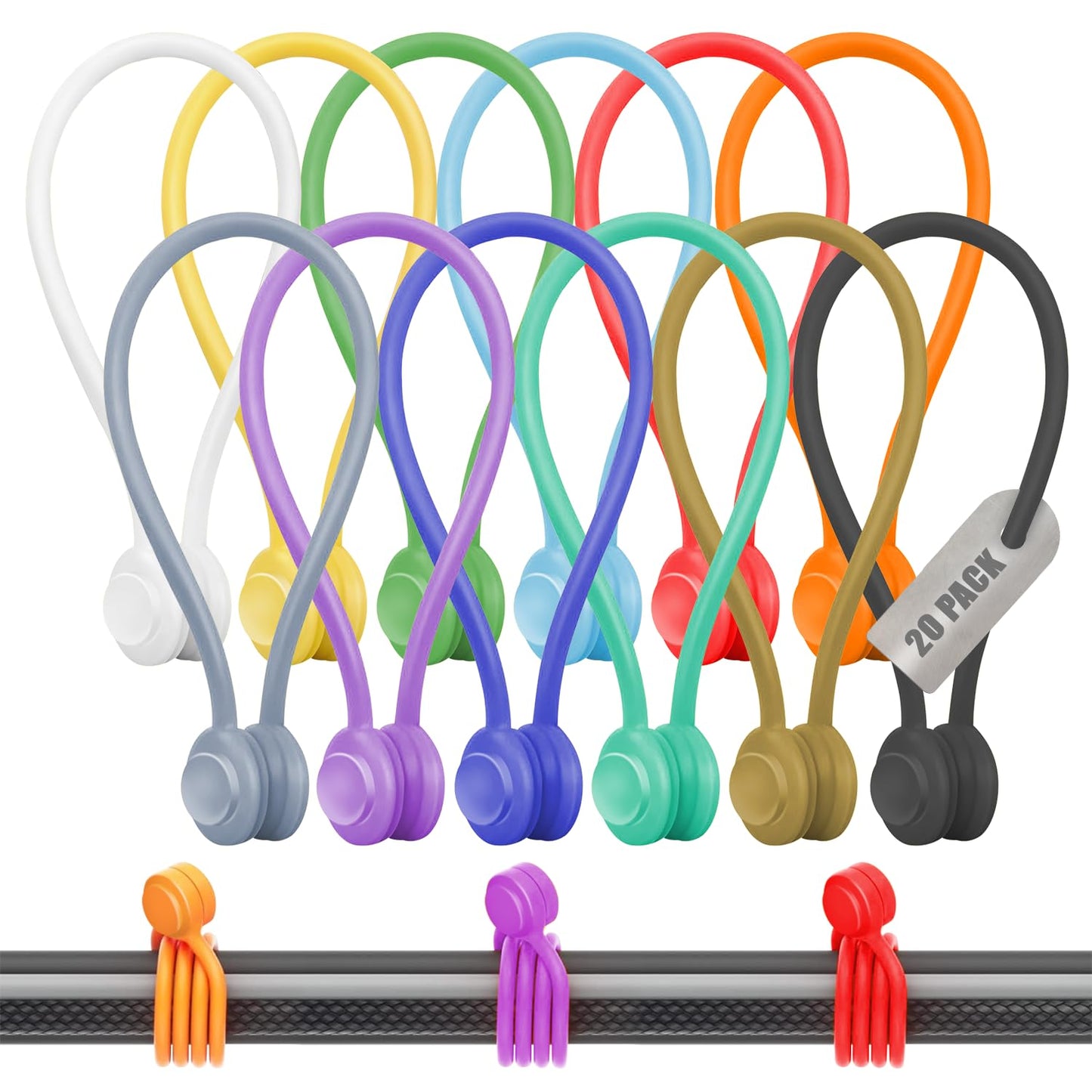 20-Pack Reusable Magnetic Cable Ties - Snap-On Silicone Cord Ties with Strong N52 Magnets - Magnetic Cord Ties for Cable Management, Wire Organizer